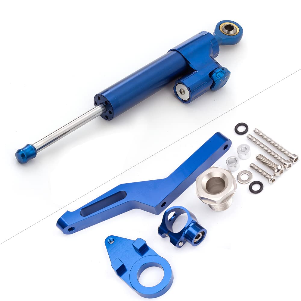 Adjustable Motorcycle Steering Damper Stabilizer - Universal Fit for Kawasaki Ninja ZX6R 2009-2019 - Blue & Blue Color - Includes Mounting Bracket Kit - Improves Handling & Safety for Street Riding and Track Racing