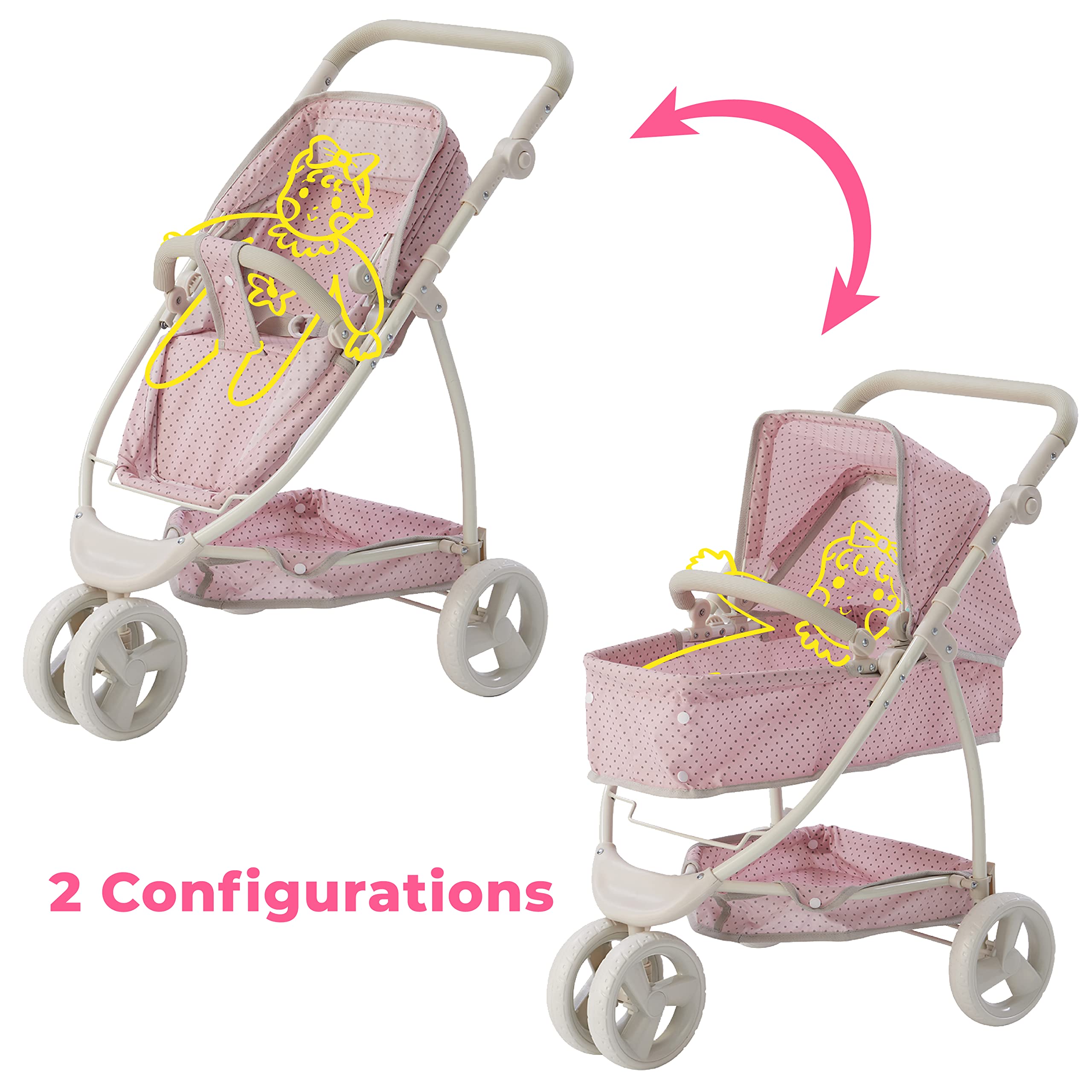 Olivia's Little World - 2-in-1 Baby Doll Bassinet & Stroller for Toddlers, Pink/Gray Princess Doll Pram - Perfect for Imaginative Play, Gift for 5 Year Old Girls, Indoor & Outdoor Use