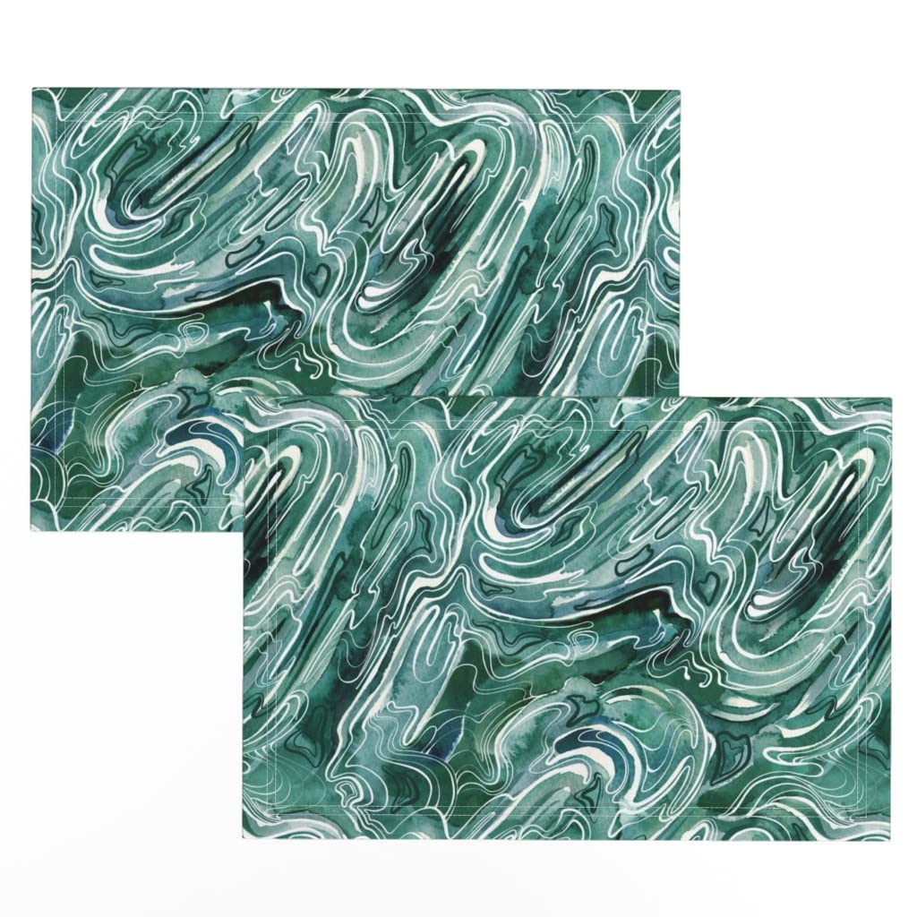 Premium Linen Cotton Canvas Placemats Set of 2 - Malachite Stone Green Abstract Watercolor Print Washable Table Mats for Dining, Kitchen Decor, and Dinner Party Settings