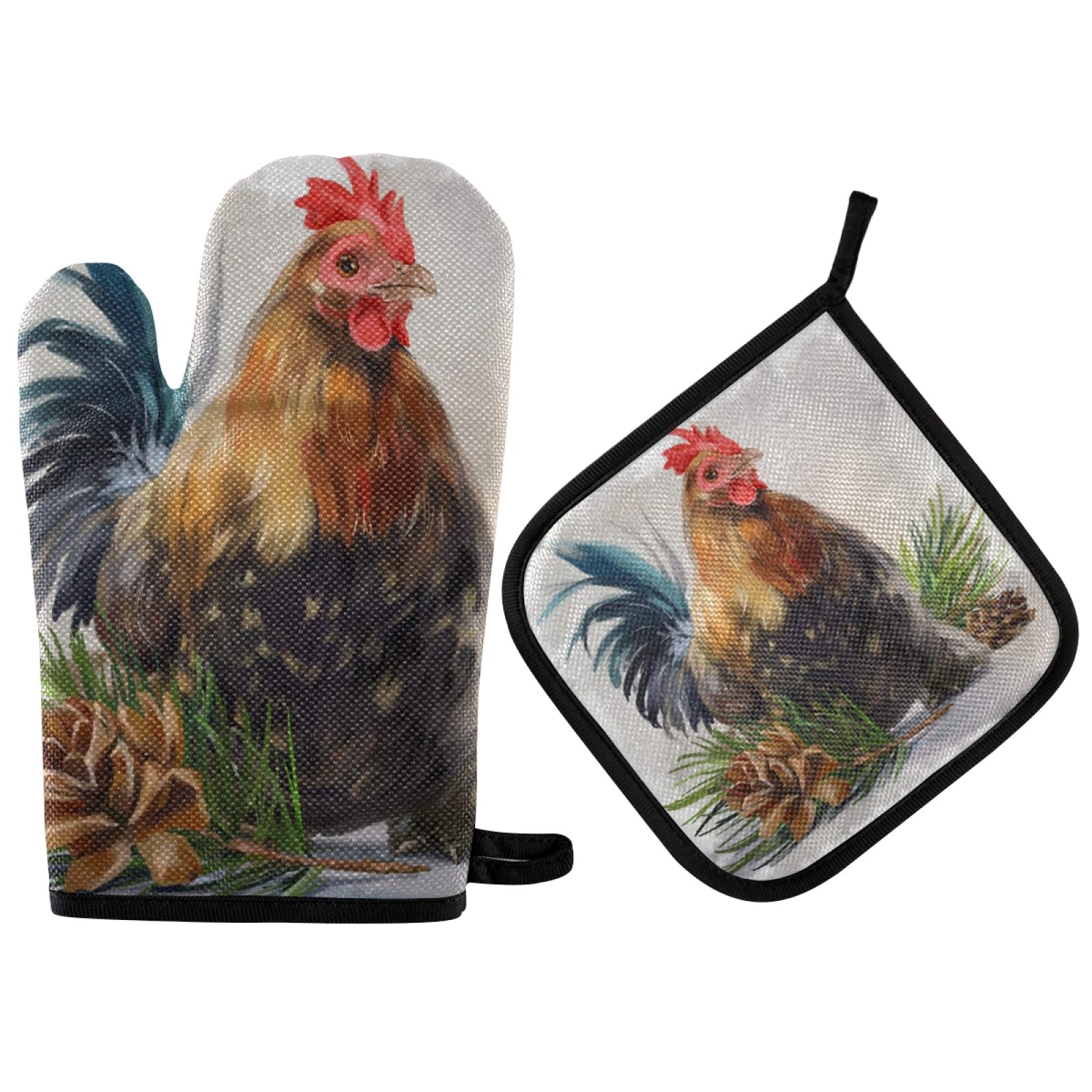 Vintage Rooster Oven Mitts and Pot Holder Set - 2 Piece Heat Resistant Kitchen Gloves for Baking, Cooking & BBQ - Non-Slip Hot Pads for Women - Perfect for Holiday Cooking, Home Decor & Gift Giving