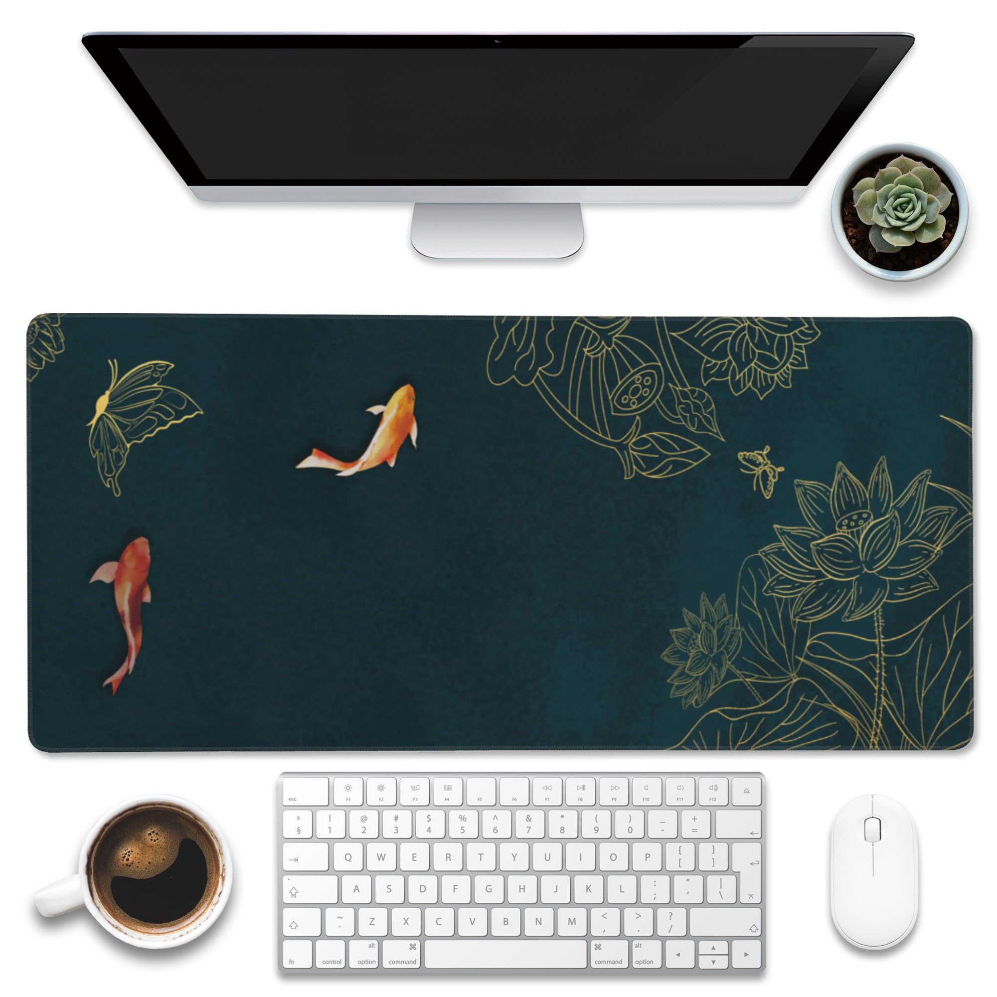 Large Gaming Mouse Pad with Koi Fish Ink Painting & Golden Lotus Design - Non-Slip Base, Stitched Edge, Extended XXL Size 35.4x15.7 Inches - Perfect for PC Gaming, Office Work & Home Computer Setup