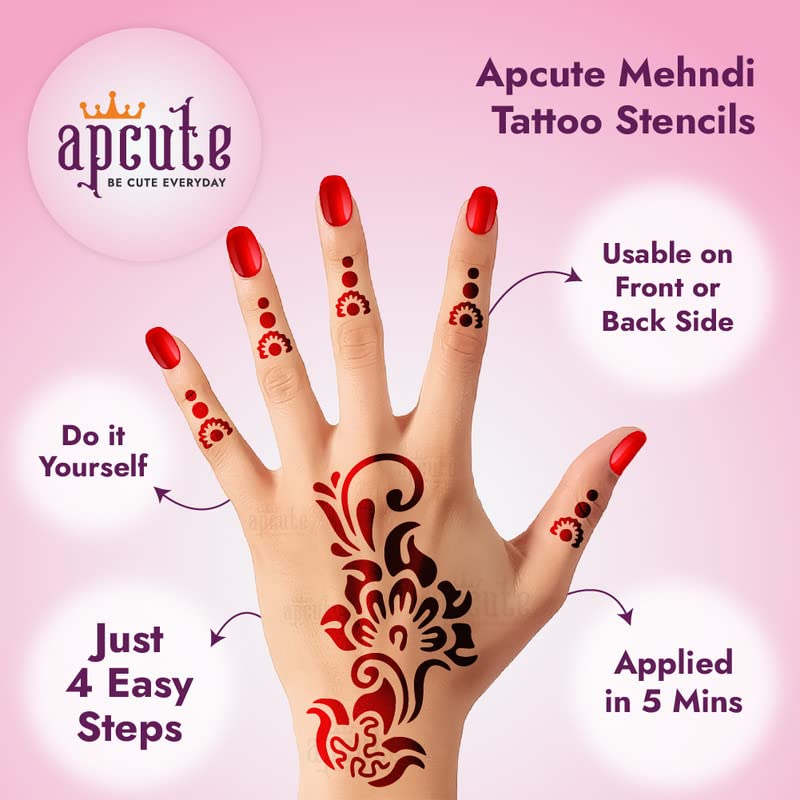 Apcute Henna Stencil Sticker Kit - Full Hand Mehndi Designs for Girls, Women & Kids - Easy to Use Temporary Tattoo Stencils (Design No. HB-154) - Perfect for Weddings, Festivals & DIY Body Art