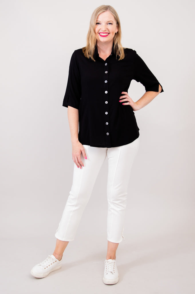 Lorine Blouse Women's Linen Bamboo Blend Black Top - Elegant Casual Shirt for Office, Date Night & Summer Outfits
