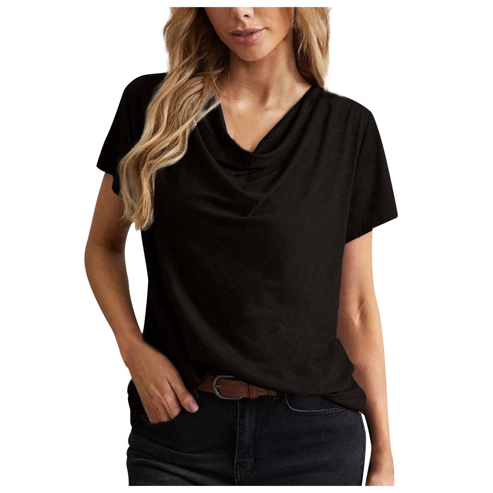 FMCHICO Women's Short Sleeve Drape Cowl Neck Tops - Soft Solid Color Loose Fit Tee Shirts for Casual Wear, Work & Everyday Outfits