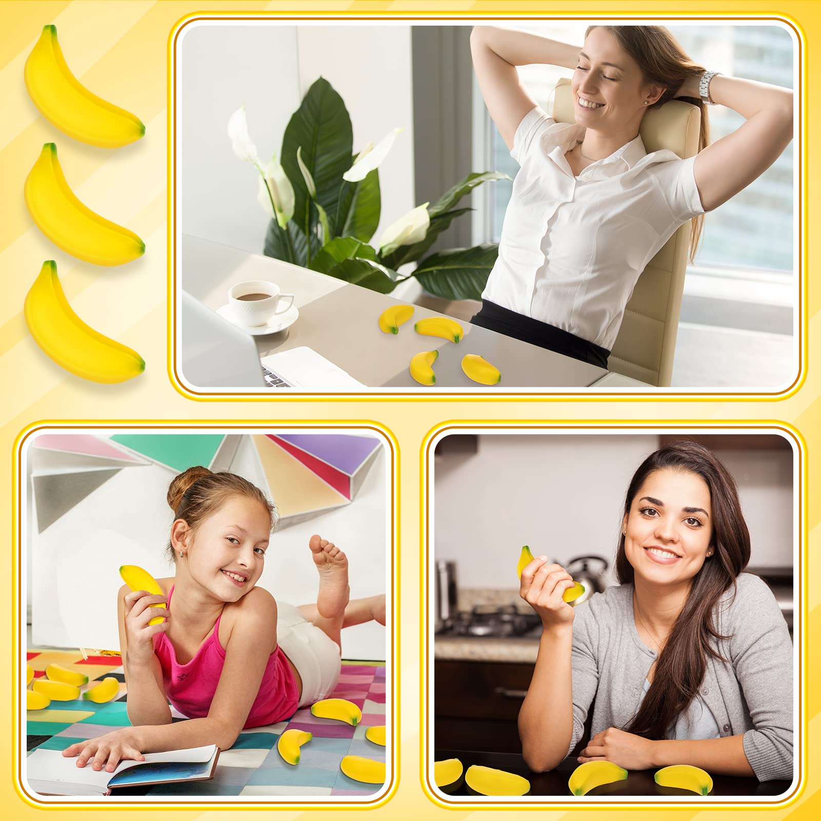 50 Pcs Mini Banana Stress Balls - Stretchy Foam Fidget Toys for Anxiety Relief & Stress Management - Fun Party Favors, School Carnival Rewards & Office Desk Toys - Includes Storage Bag for Easy Organization