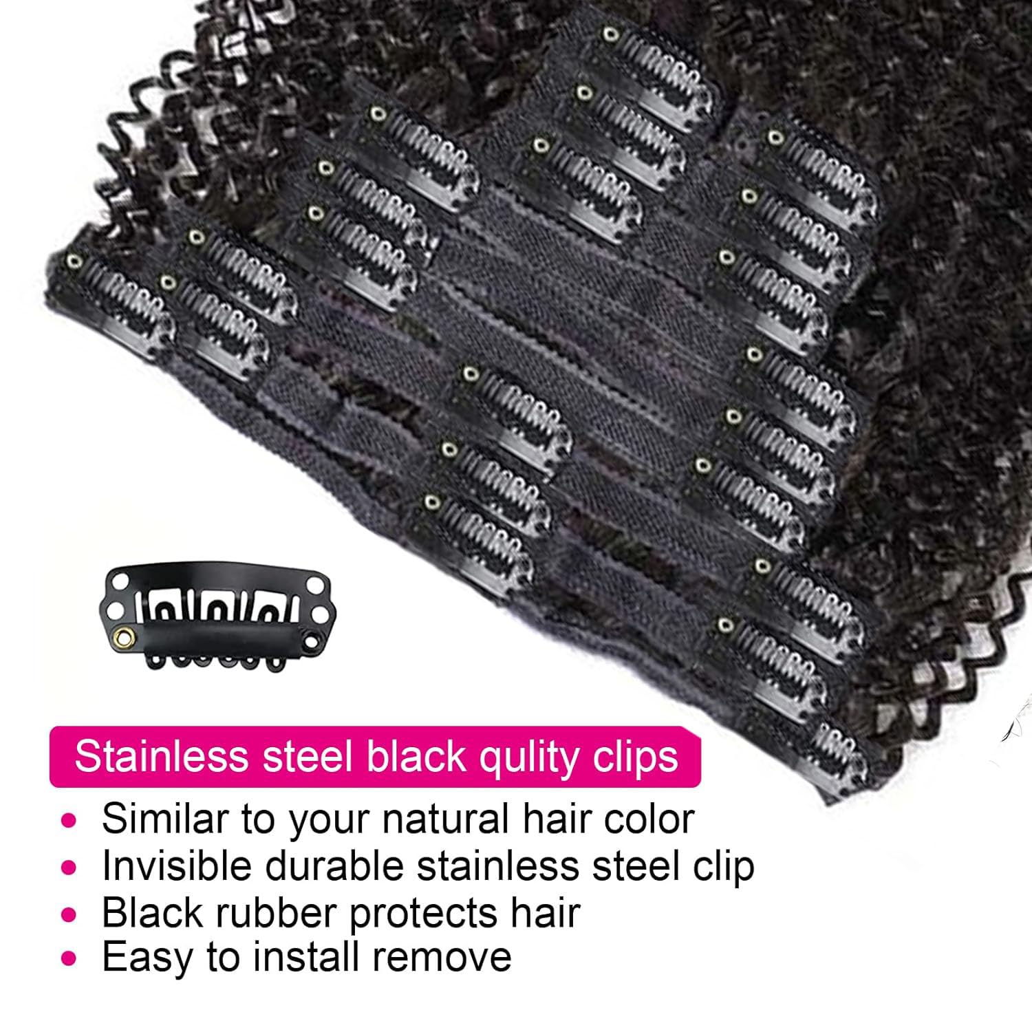 Kinky Curly Clip-In Hair Extensions 16inch - 10A Brazilian Remy Human Hair (3C/4A Afro Texture) - 10-Piece Set with 21 Clips for Black Women - Natural Black Hair Extensions for Daily Styling & Special Occasions