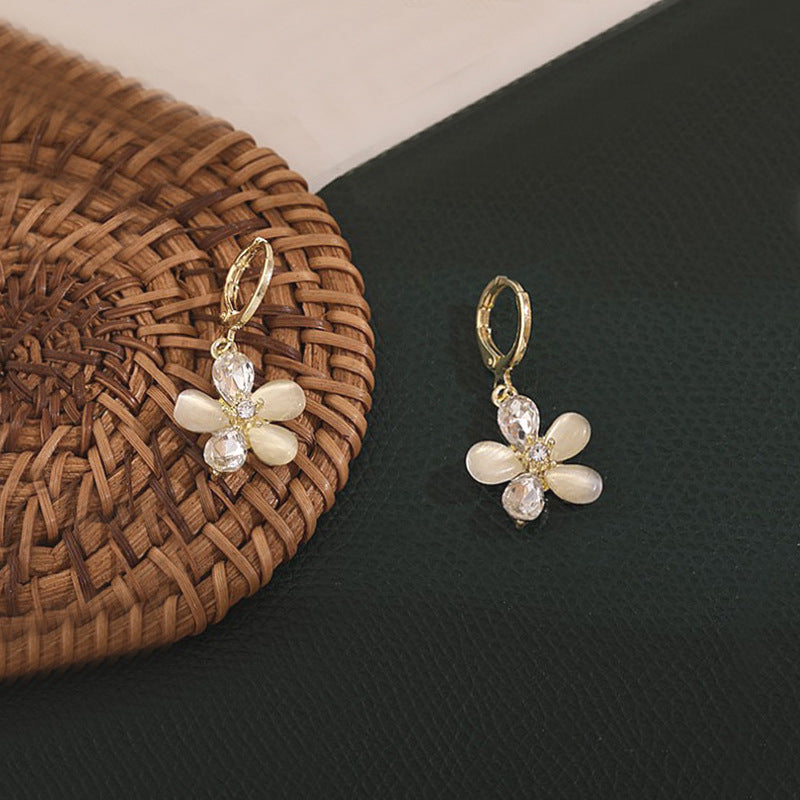 Cat Eye Stone Flower Charm Drop Hoop Earrings for Women | HE6205 | Elegant Jewelry for Parties, Weddings & Special Occasions