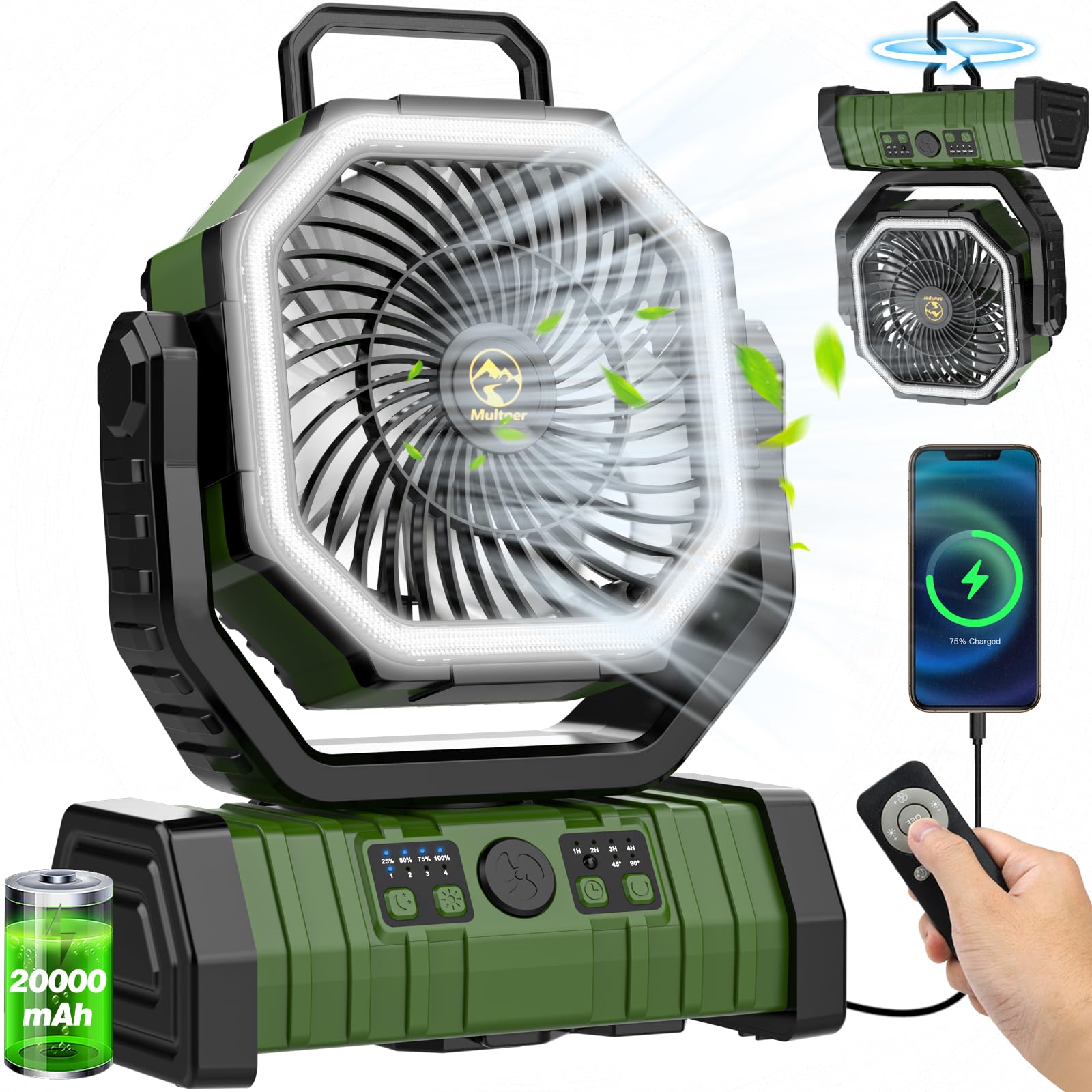 Multper Oscillating Camping Fan with LED Lantern - 20000mAh Rechargeable Battery, 4-Speed USB Desk Fan with Remote - Portable Outdoor Tent Fan for Fishing, Picnic, Hiking & Emergency Power Outage (Green)