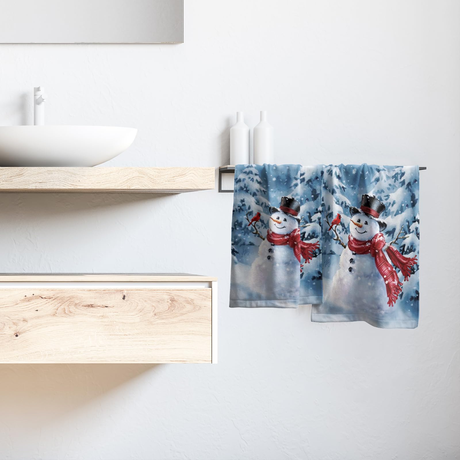 Blue Snowman Hand Towels Set of 2 - Soft Absorbent Winter Snow Bathroom & Kitchen Towels - Decorative Fingertip Towels for Guest, Gym, Spa - Perfect for Holiday Decor & Winter Home Accents