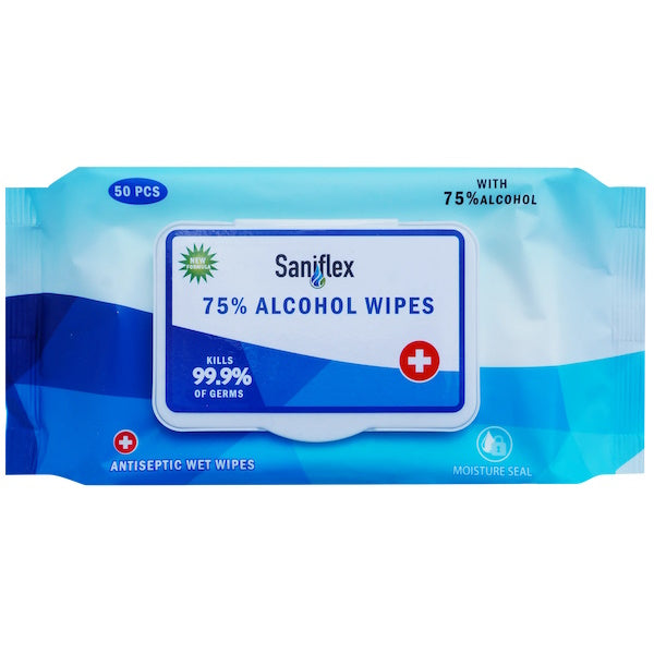 Saniflex 75% Alcohol Disinfecting Wipes - 50 Count Pack | Antibacterial Sanitizing Wipes for Hands, Surfaces & Electronics | Travel, Home & Office Use