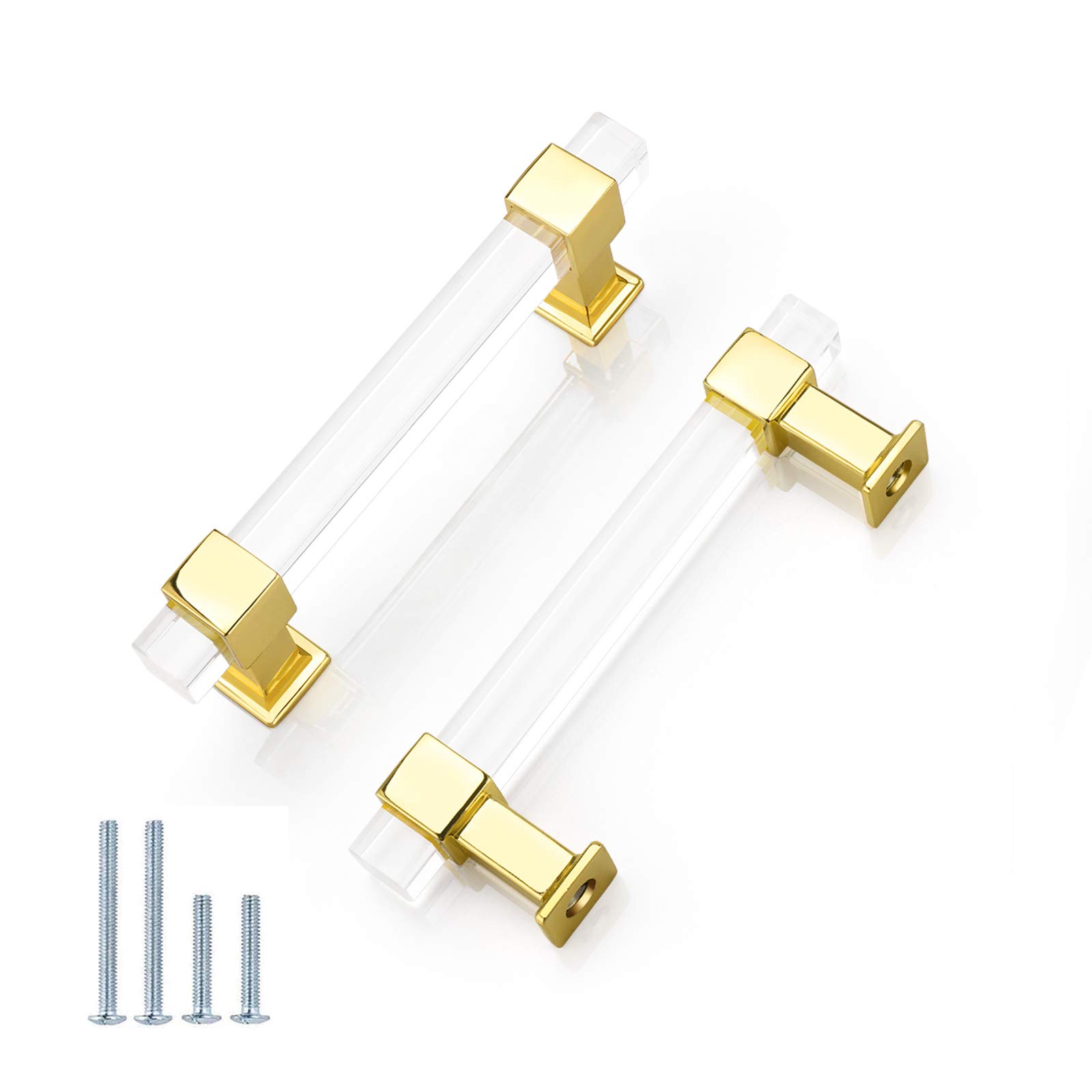 NIZADO 30 Pack 3.75'' Modern Square Acrylic Drawer Handles - Gold Cabinet Pulls for Kitchen, Dresser & Furniture Hardware | Clear Acrylic Door Handles for Cabinets, Wardrobes & Home Decor
