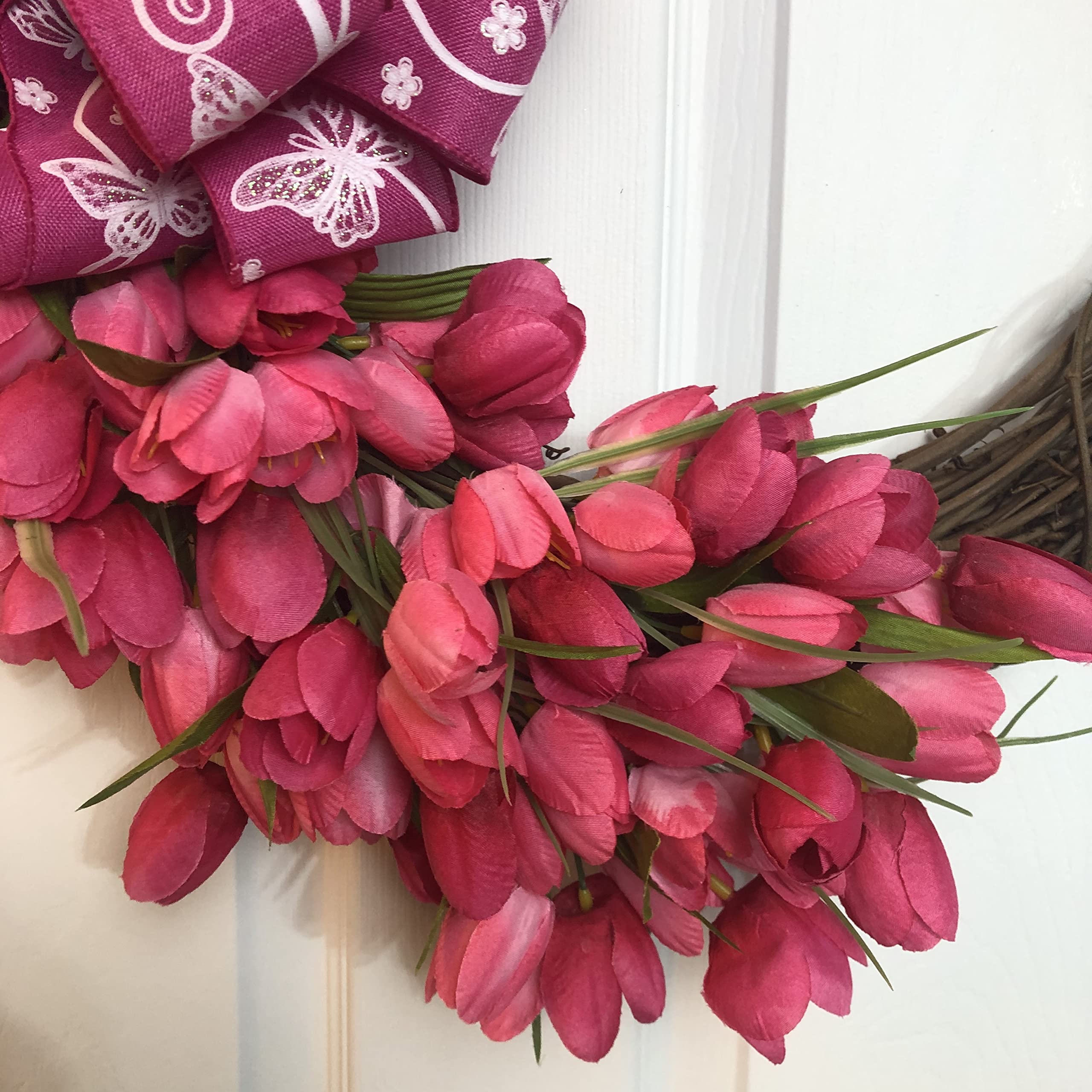 Pink Tulip Wreath with Butterfly Bow - Floral Spring Summer Door Decor for Home, Wedding, Party & Garden Decoration