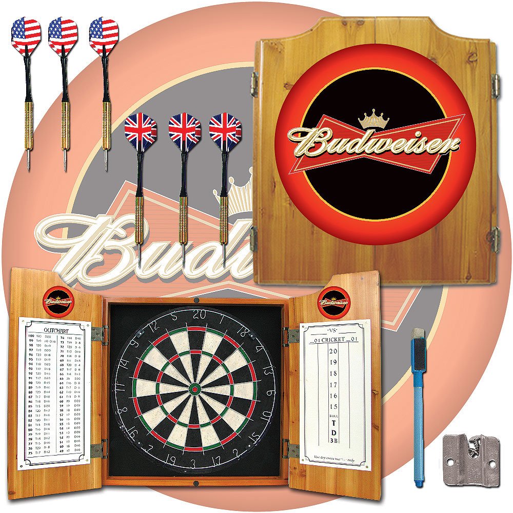 Budweiser Wooden Dart Cabinet Set - Premium Dartboard Cabinet with Darts - Perfect for Game Rooms, Bars, and Man Caves