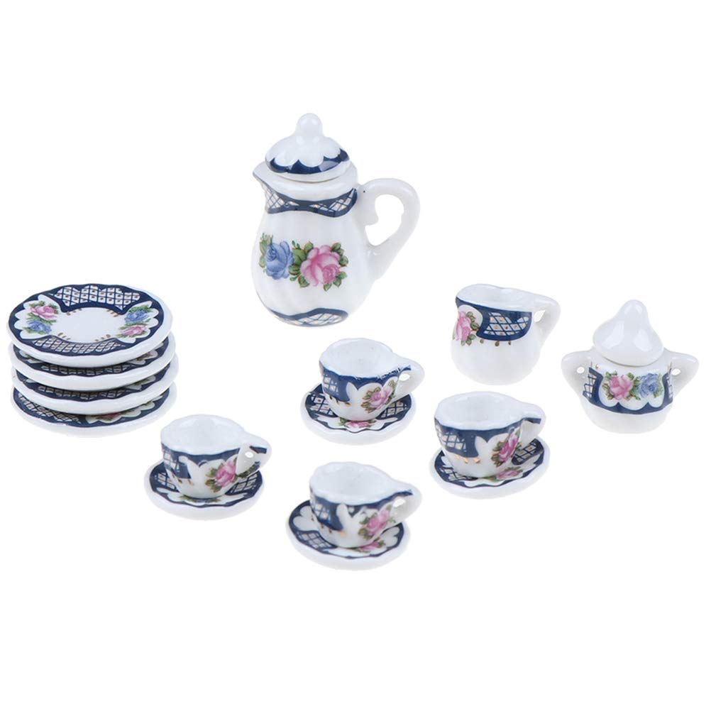 Eyomii 15-Piece Miniature Porcelain Dollhouse Dinnerware Set - Plates, Bowls, Tea Cups for Doll Kitchen Accessories | Perfect for Dollhouse Decor, Tea Parties & Miniature Collectors