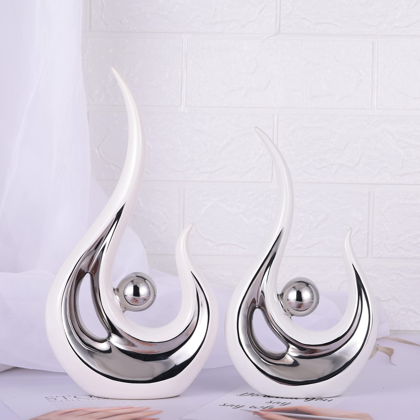 Modern Abstract Art Home Decor Accent - Contemporary Ceramic Sculpture & Silver Knick Knack for Coffee Table, TV Stand, Dining Room Centerpiece - Perfect for Living Room, Office & Modern Interior Design