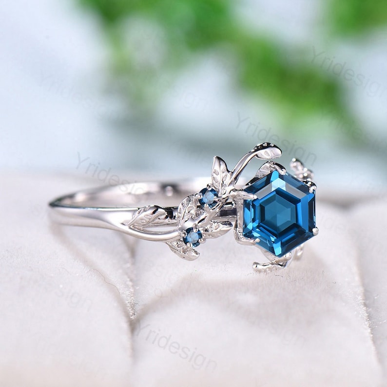 Vintage London Blue Topaz Engagement Ring - Elegant Twig & Leaf Cluster Design, Natural Inspired Branch Wedding Ring for Women | Perfect for Proposals, Anniversaries & Special Occasions