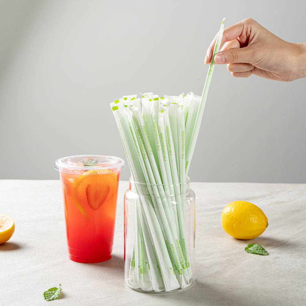 Eco-Friendly Compostable PLA/PBAT Plastic Straws - 8 1/4 Inch, 100 Count, Wrapped & Biodegradable - Perfect for Restaurants, Cafes & Parties