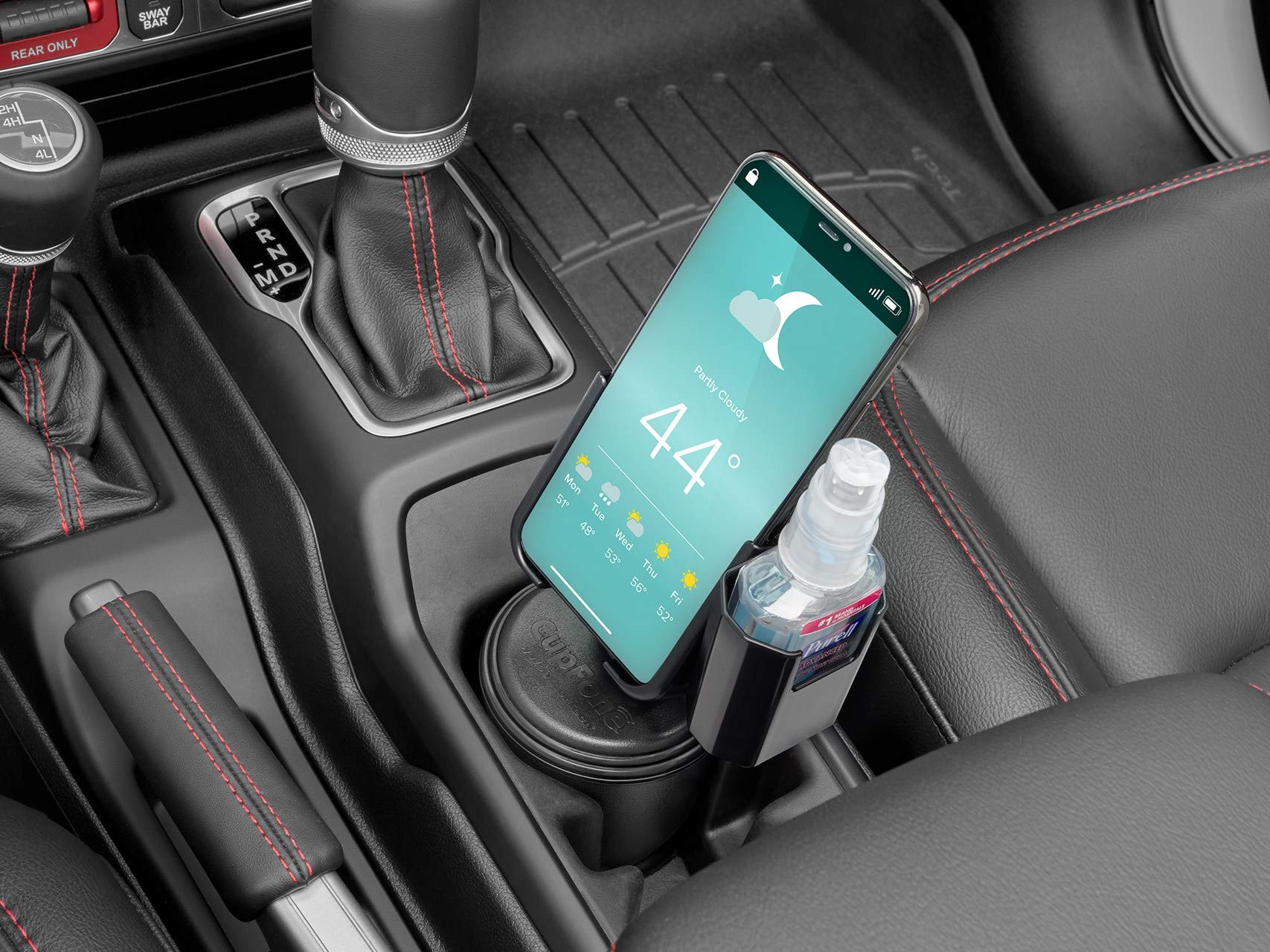 WeatherTech CupFone with Hand Sanitizer Holder - Adjustable Universal Cup Holder Phone Mount for Car & Truck - Compatible with iPhone & Android Smartphones - Graphite Metal Knobs - Perfect for Road Trips, Commuting & Hands-Free Driving