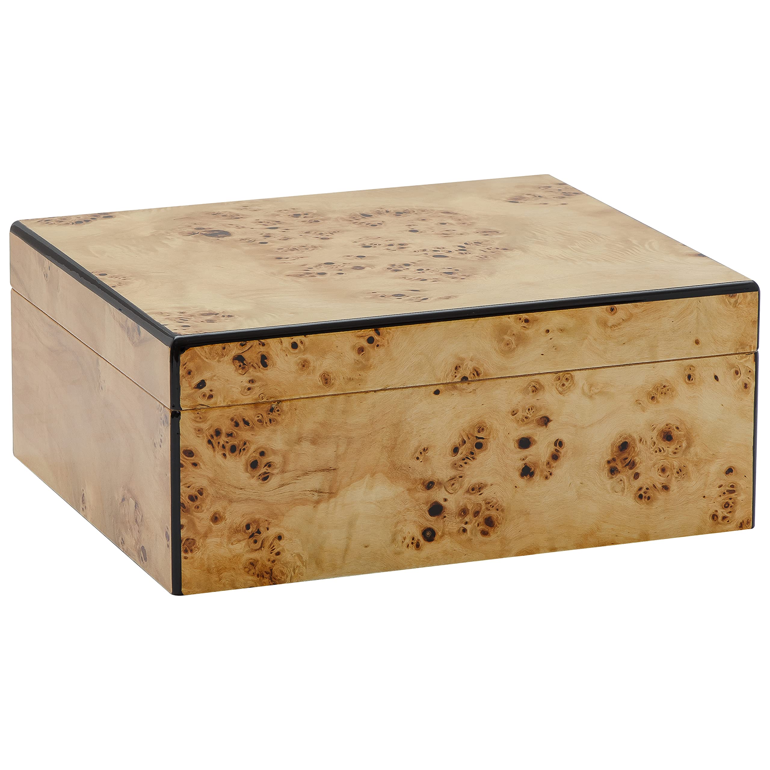Premium Flanders Desktop Cigar Humidor - Burl Wood & Glass Hygrometer with Spanish Cedar Lining (Holds 30-55 Cigars) - Perfect for Home, Office & Cigar Lounge Storage