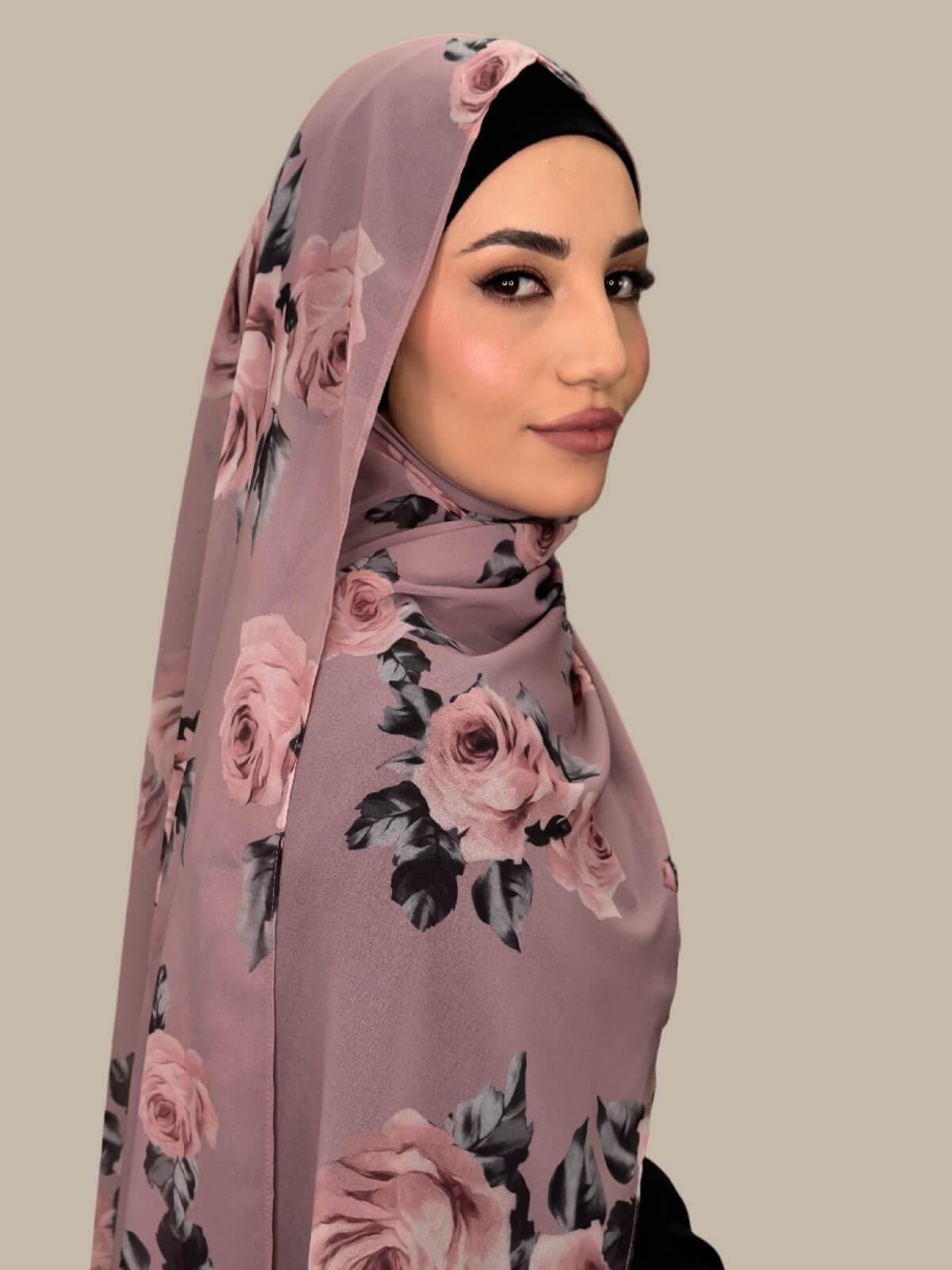 Printed Chiffon Hijab Scarf - Neutral Rosette Floral Design - Lightweight Muslim Headscarf for Women - Perfect for Daily Wear, Prayer & Special Occasions