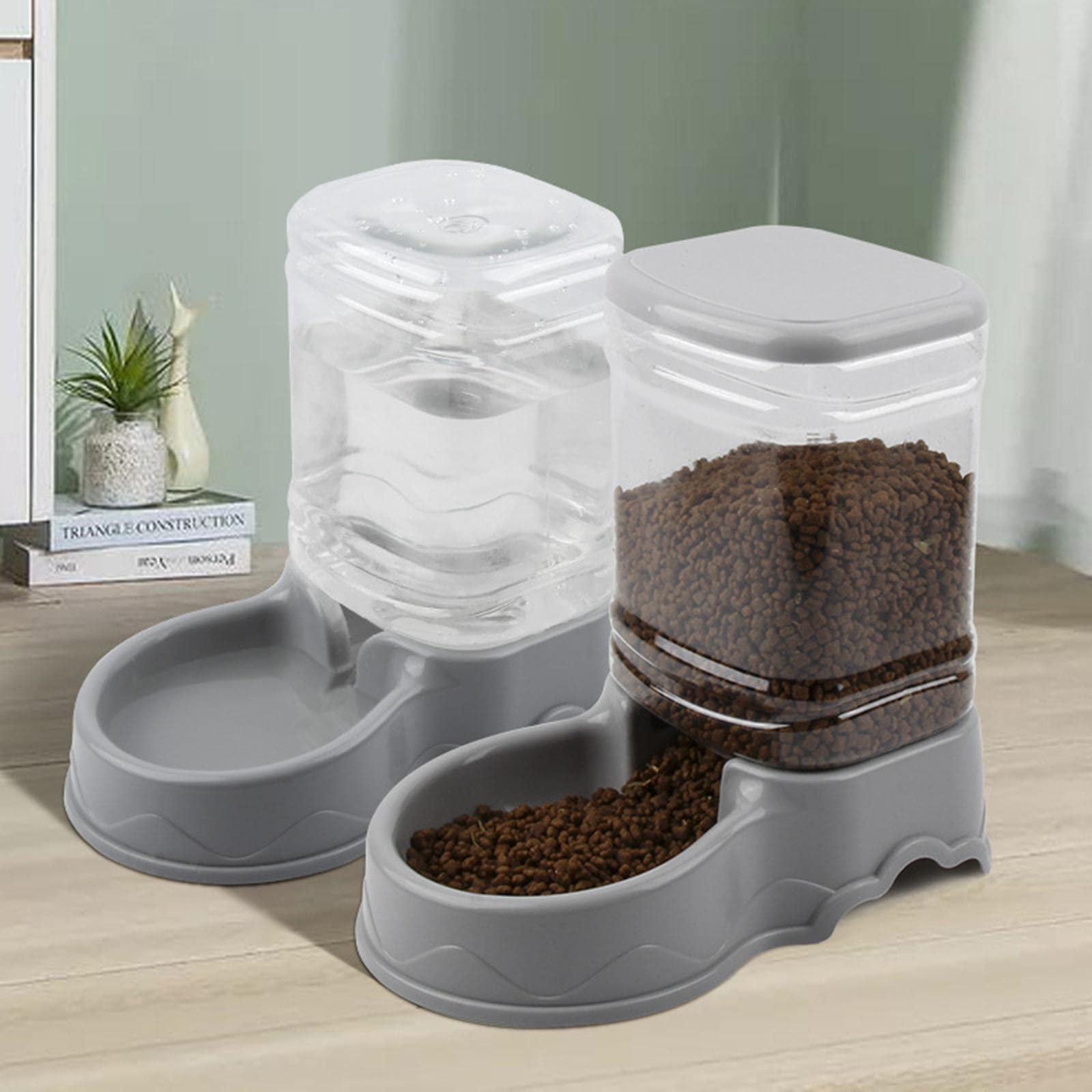 Automatic Pet Water Dispenser & Food Feeder Bowl - Gray SECRET DESIRE Dog Cat Puppy Dish - Perfect for Home, Office, or Travel Use