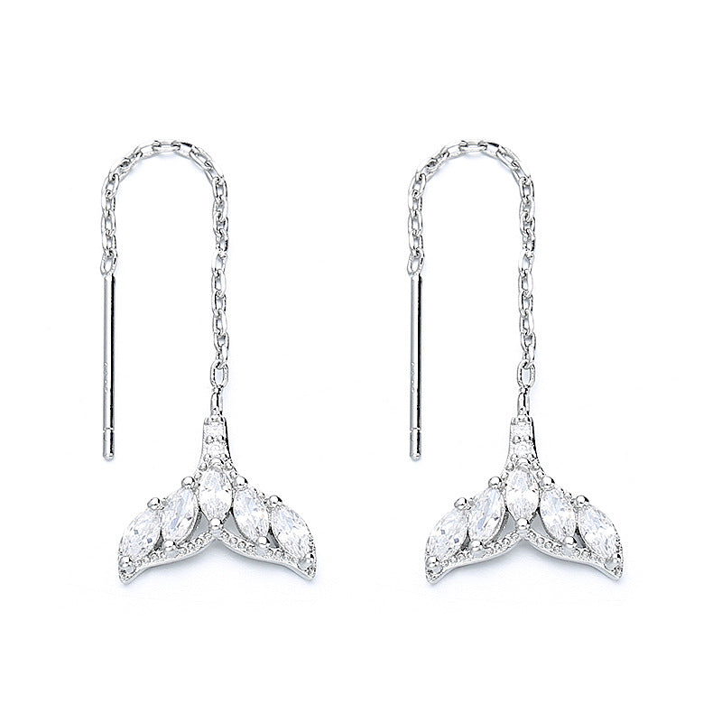 Tiny Mermaid Tail Diamond Threader Earrings - Delicate Silver Dainty Earrings for Women | Perfect for Beach Parties, Mermaid Themed Events & Everyday Wear | A8449