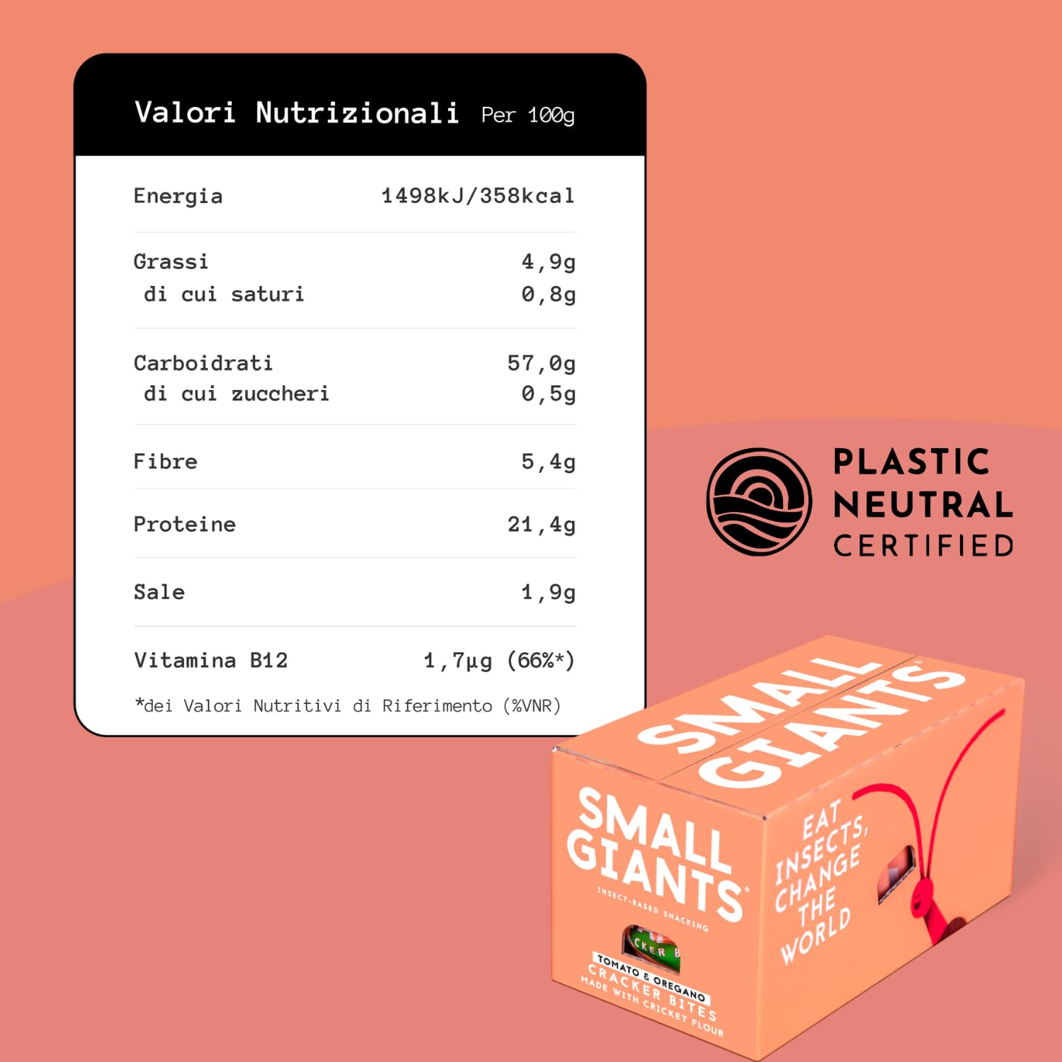 SMALL GIANTS® | Crackers Proteici con Farina di Grillo - Pomodoro & Origano | High Protein, Vit.B12, Omega3, Proteine Sostenibili, Senza Zuccheri Aggiunti | Snack Sano per Fitness e Dieta