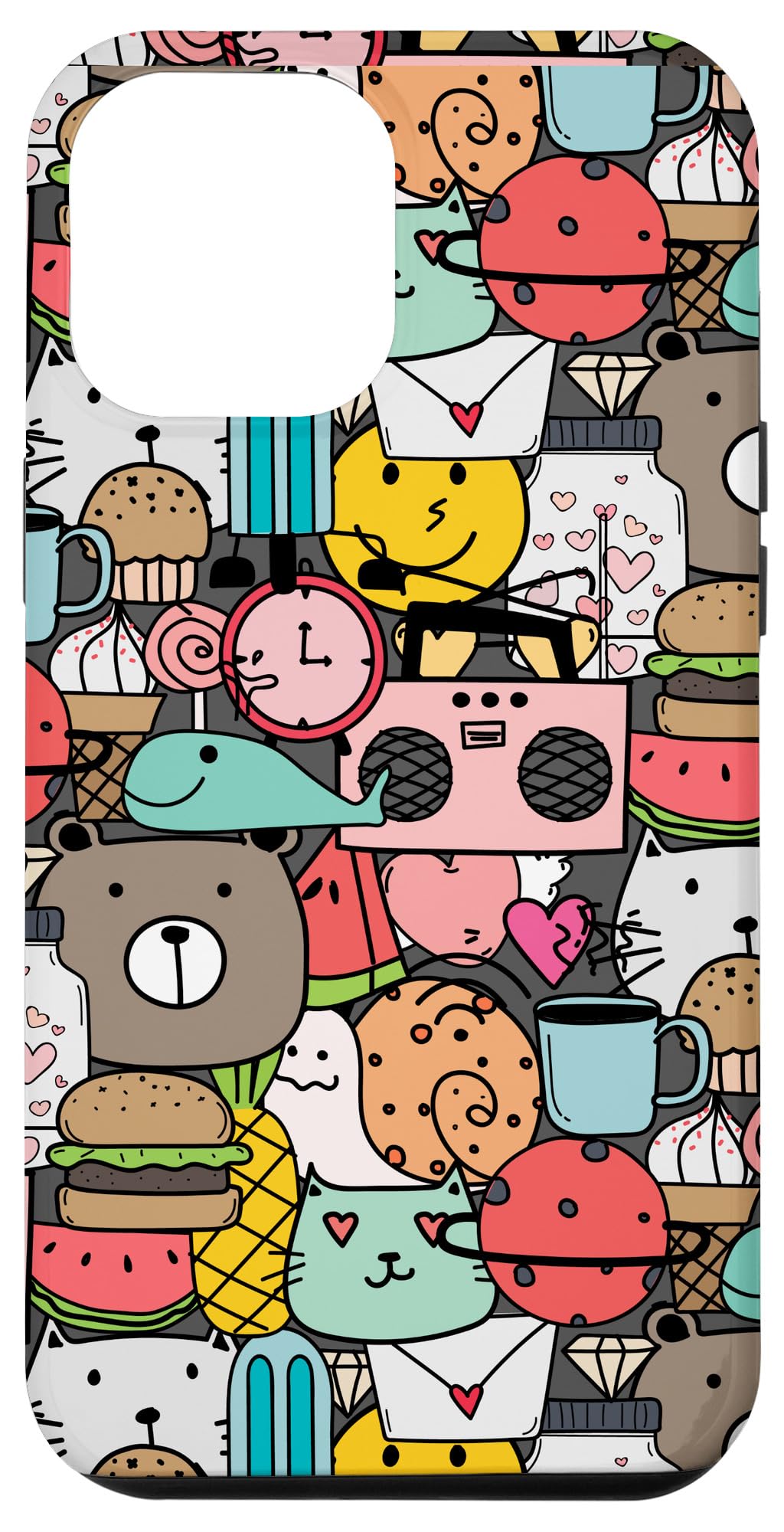 iPhone 12 Pro Max Case - Trippy Doodle Cartoon Design with Snail, Burger & Hearts - Trendy Protective Cover for Everyday Use, Work & Travel