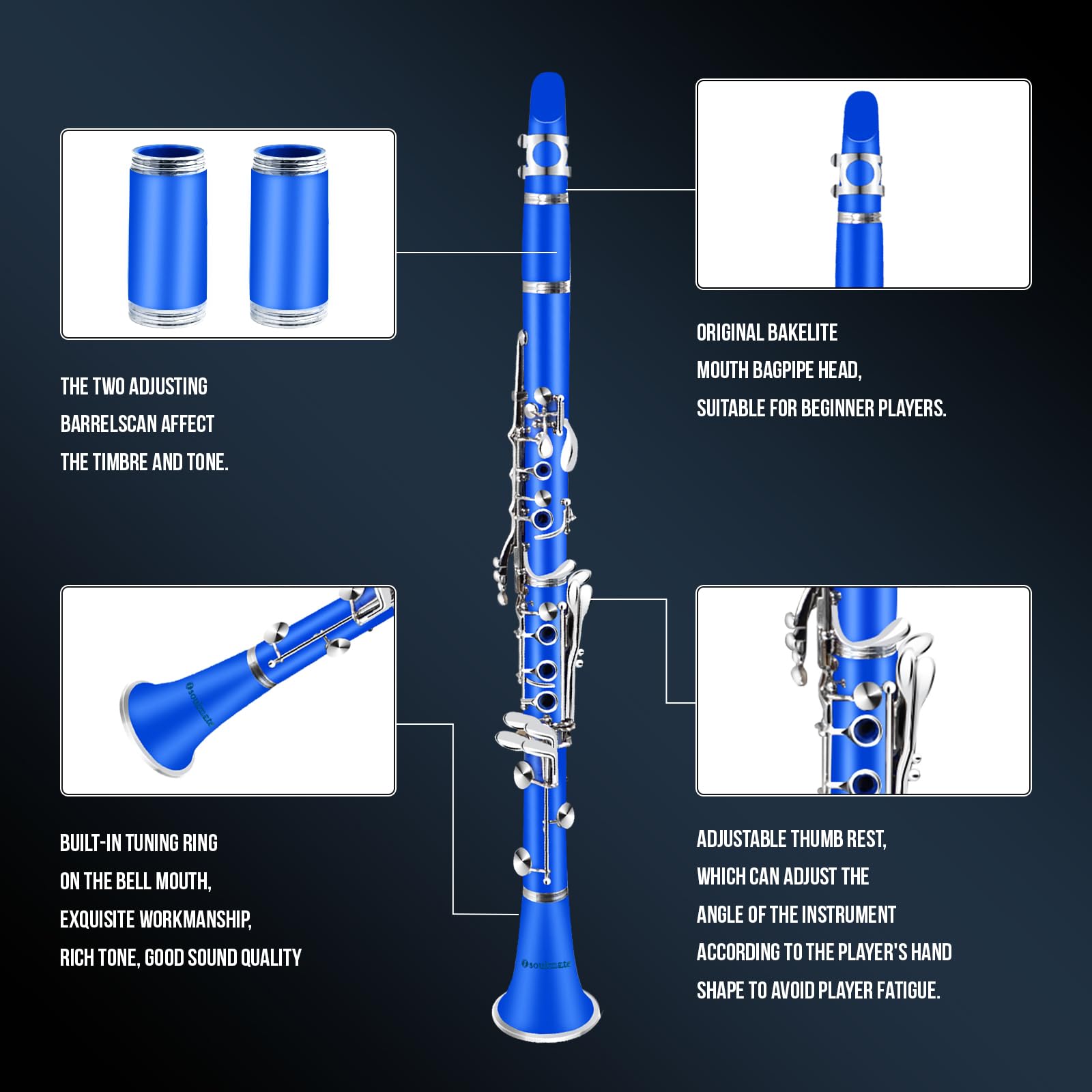 Soulmate Bb Flat 17 Nickel Keys Beginner Student Clarinet with 2 Barrels & Cleaning Kit - Blue | Perfect for School Band, Music Lessons & Practice at Home