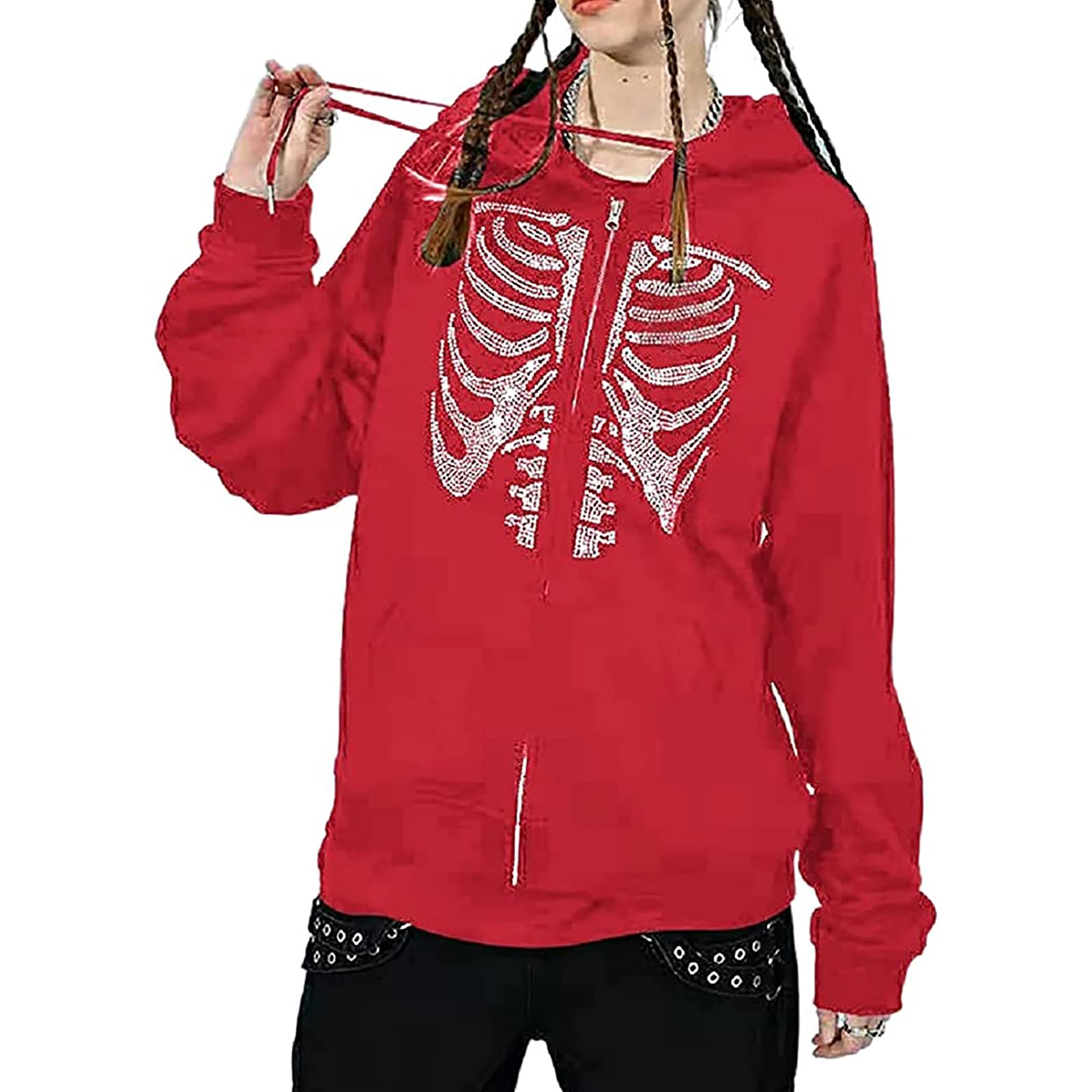 Women's Rhinestone Skeleton Zip Up Hoodie - 90s Retro Streetwear Coat & Pullover Sweatshirt for Casual Wear, Night Out, and Halloween Costume