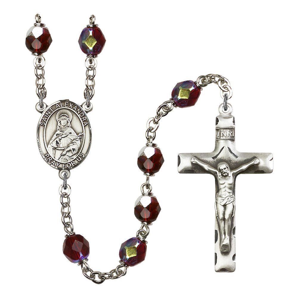 St. Alexandra Silver-Plated Rosary with 7mm January Red Lock Link & Aurora Borealis Beads - 1 3/4 x 1 Inch Crucifix Charm - Perfect for Prayer, Gifts, and Religious Occasions