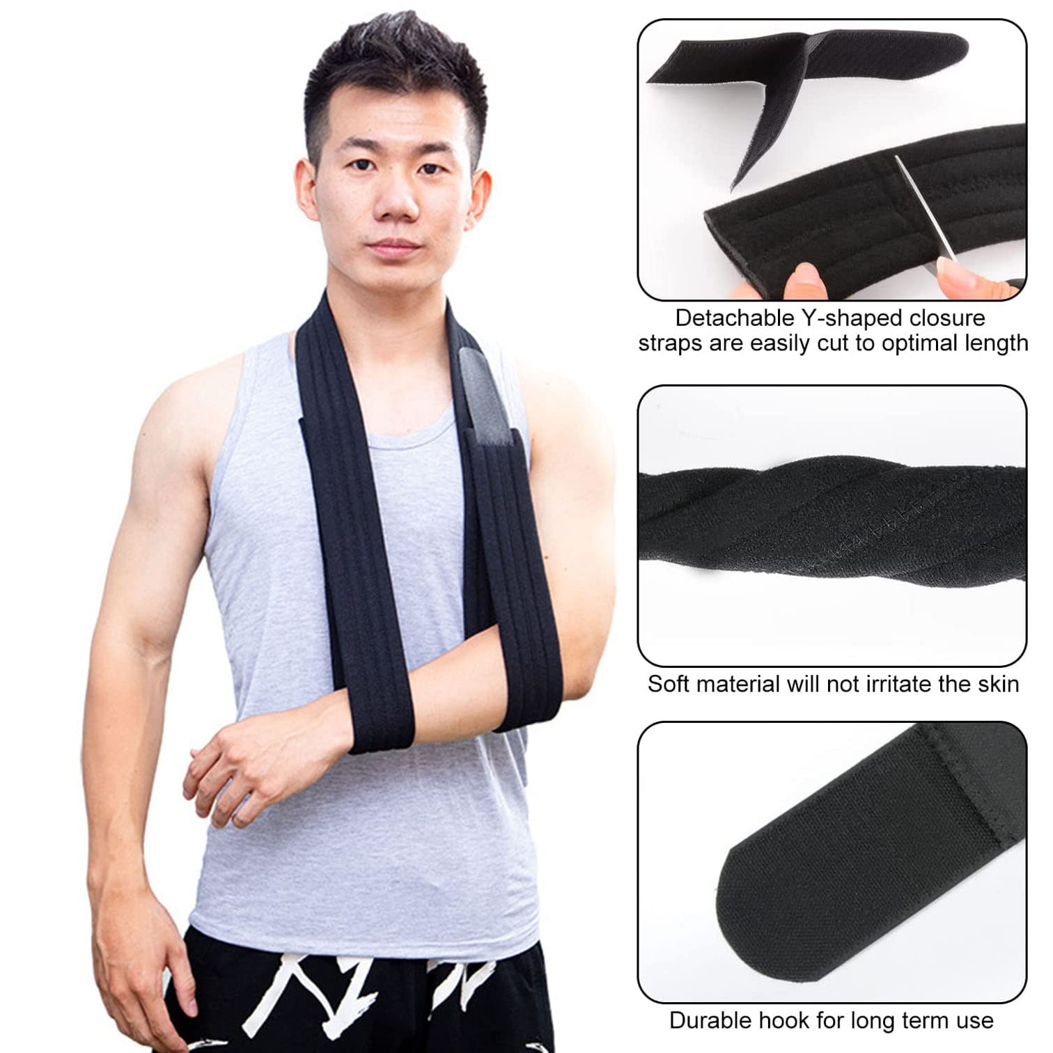71inch/180cm Adjustable Shoulder Immobilizer Arm Sling - Lightweight & Comfortable Medical Support for Rotator Cuff Tears, Arm Wrist Hand Elbow Injuries, Broken & Fractured Bones (Black) - Ideal for Post-Surgery Recovery, Sports Injuries & Daily Mobility Support