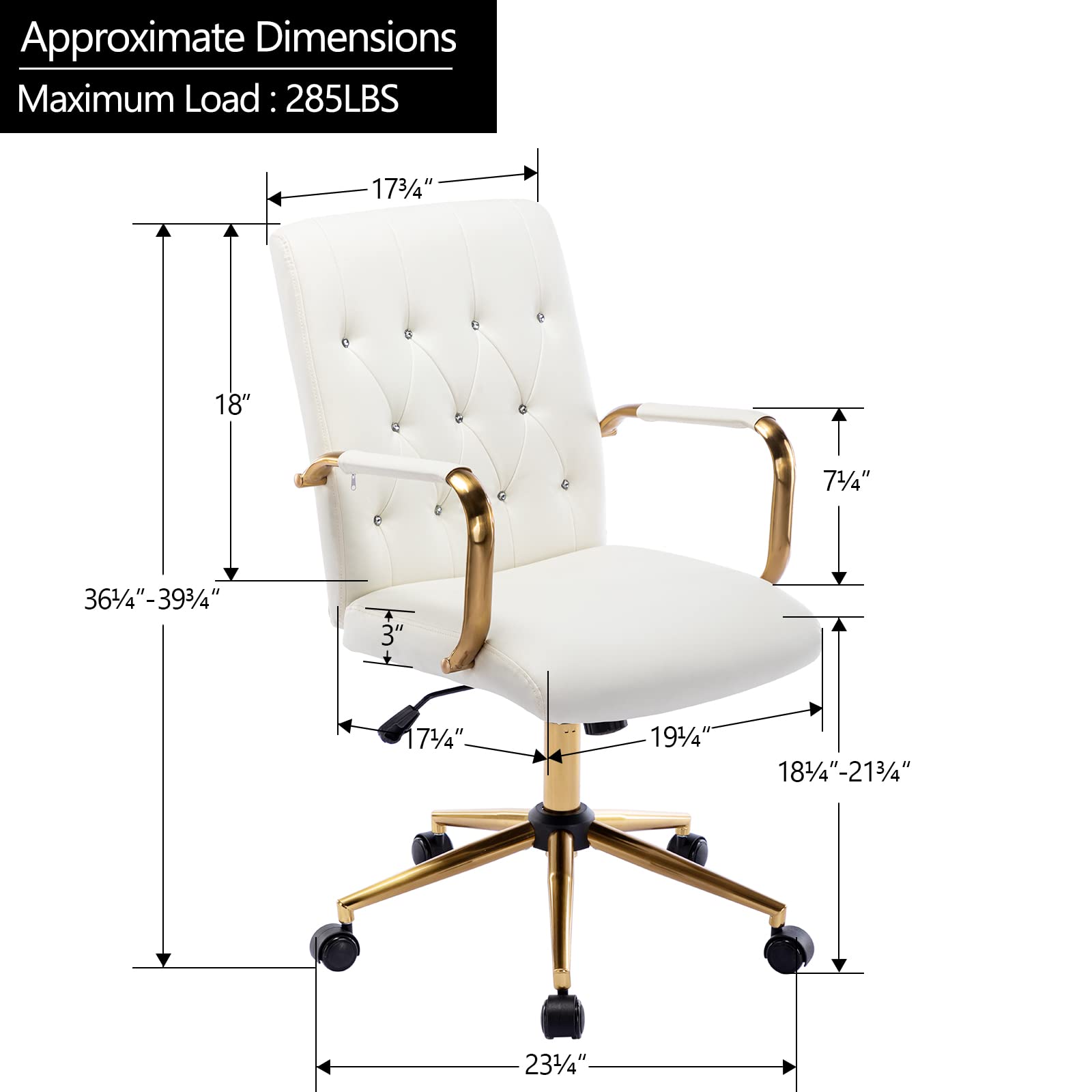 Premium PU Leather Home Office Desk Chair - Modern Gold Swivel Task Chair with Wheels, Adjustable Height & Armrests, Ergonomic Computer Chair for Office, Study, Gaming & Workspace - White & Gold Base
