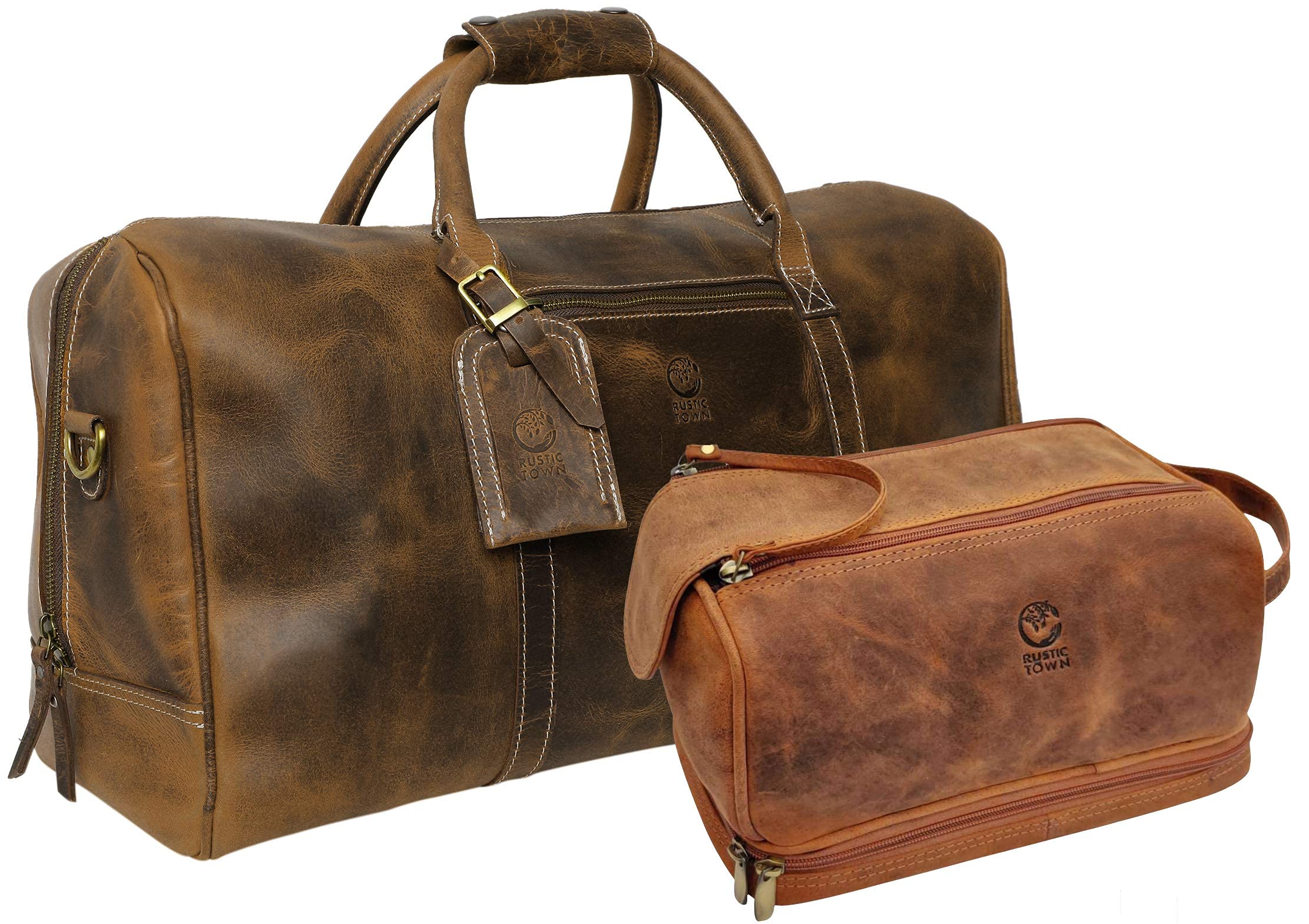 Premium Leather Duffel Bag & Toiletry Bag Set - Durable Men's Travel Accessories Gift for Business Trips, Gym & Weekend Getaways