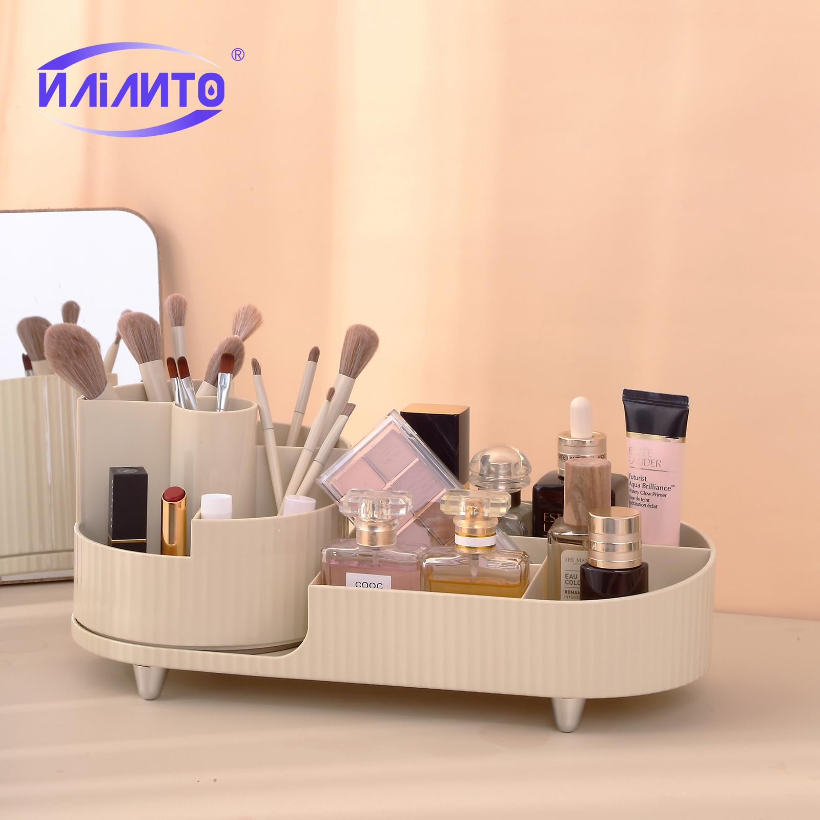 Rotating Makeup Organizer for Vanity - Cosmetic & Skincare Storage - Perfect for Brushes & Lipsticks (Creamy) - Ideal for Beauty Routines