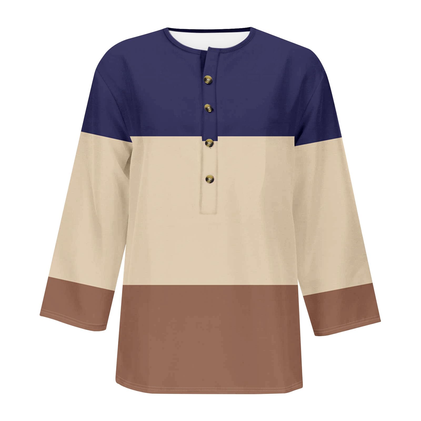 Women's 3/4 Sleeve Button Down Tunic Top - Color Block Crew Neck Loose Fit Casual Tee Shirt for Summer | Perfect for Beach Outings, Weekend Brunch & Everyday Wear
