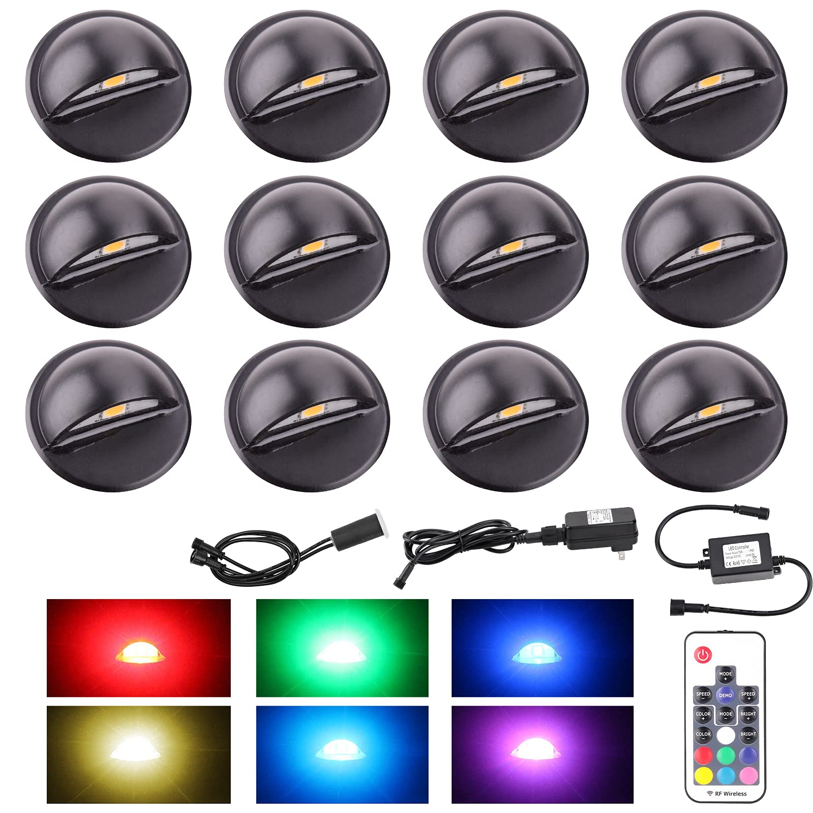 12 Pack Waterproof LED Deck Lights Kit - Dimmable Color Changing Low Voltage Step Stair Lighting (1.38