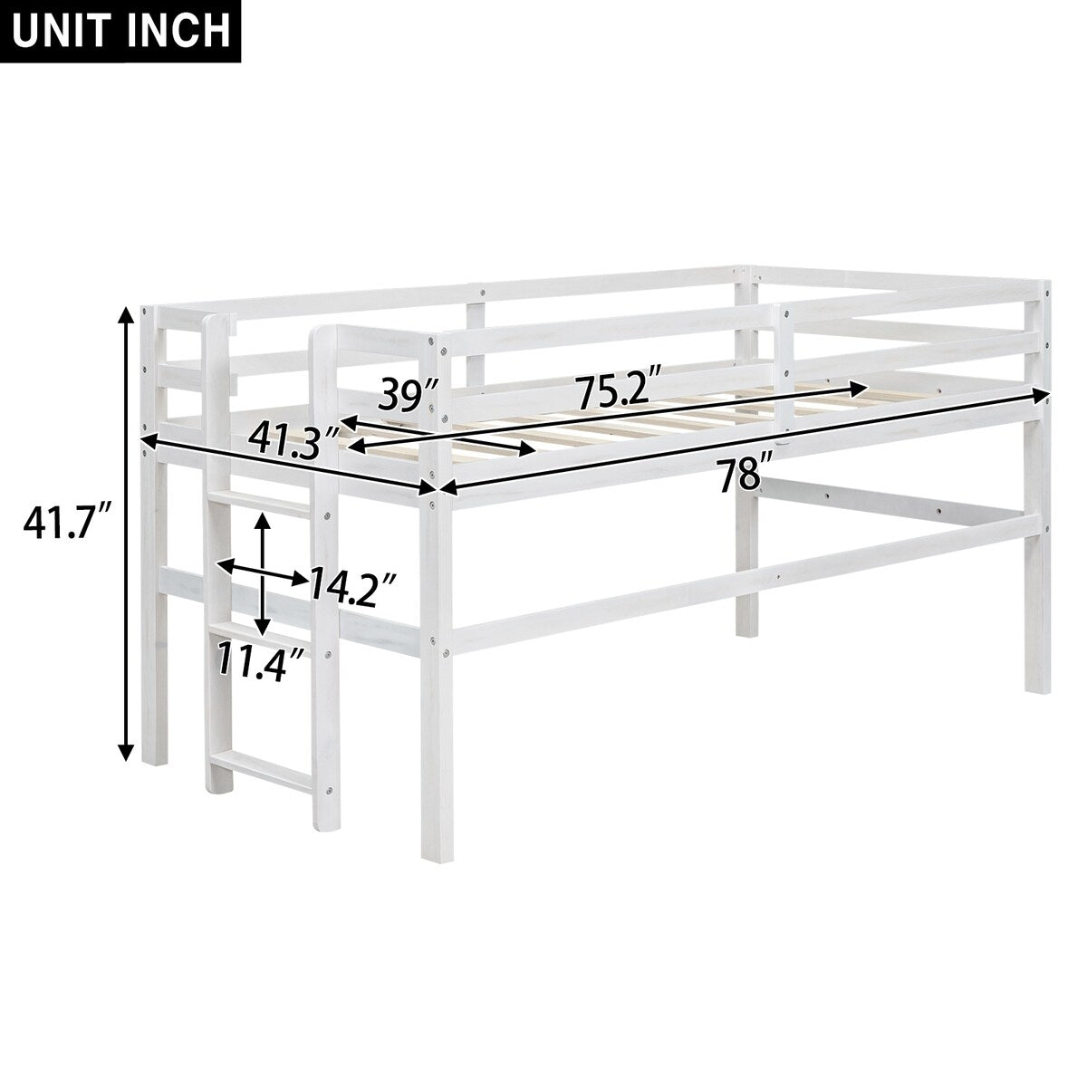 Antique White Wood Twin Loft Bed with Side Ladder - Space-Saving Kids Bedroom Furniture for Small Rooms & Dorm Decor