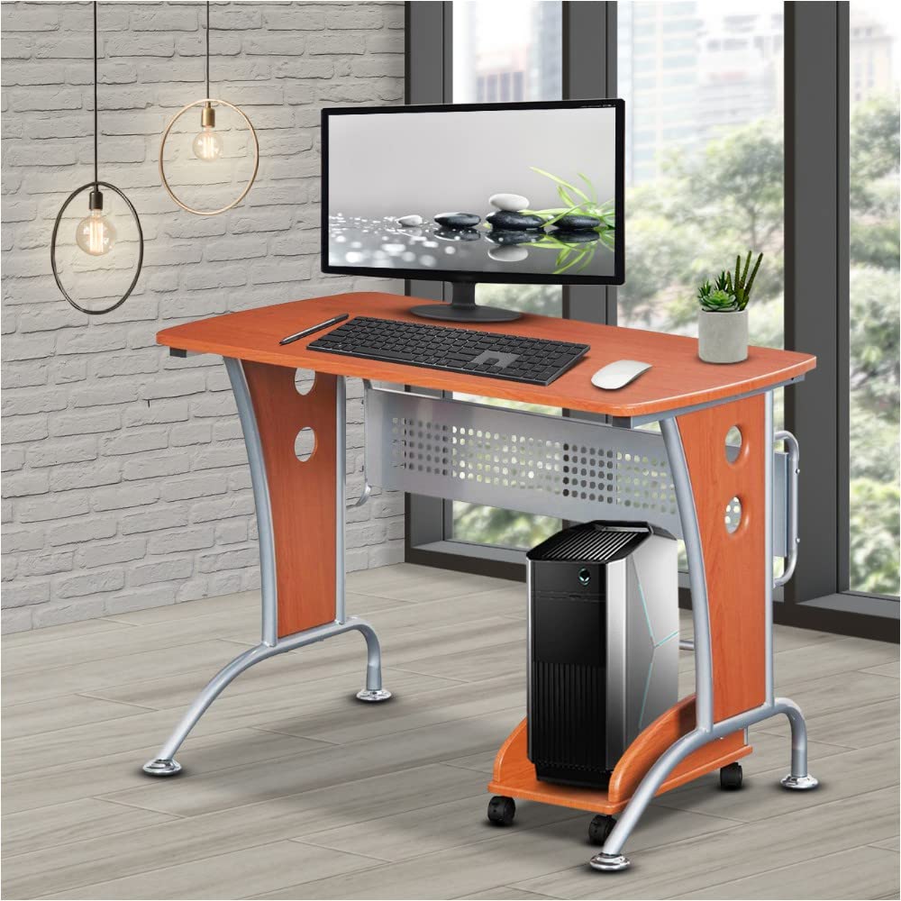 Modern Computer Desk with Mobile CPU Caddy - Dark Honey Brown Wooden Workstation for Home Office, Gaming & Study | Ergonomic Design with Storage Shelf