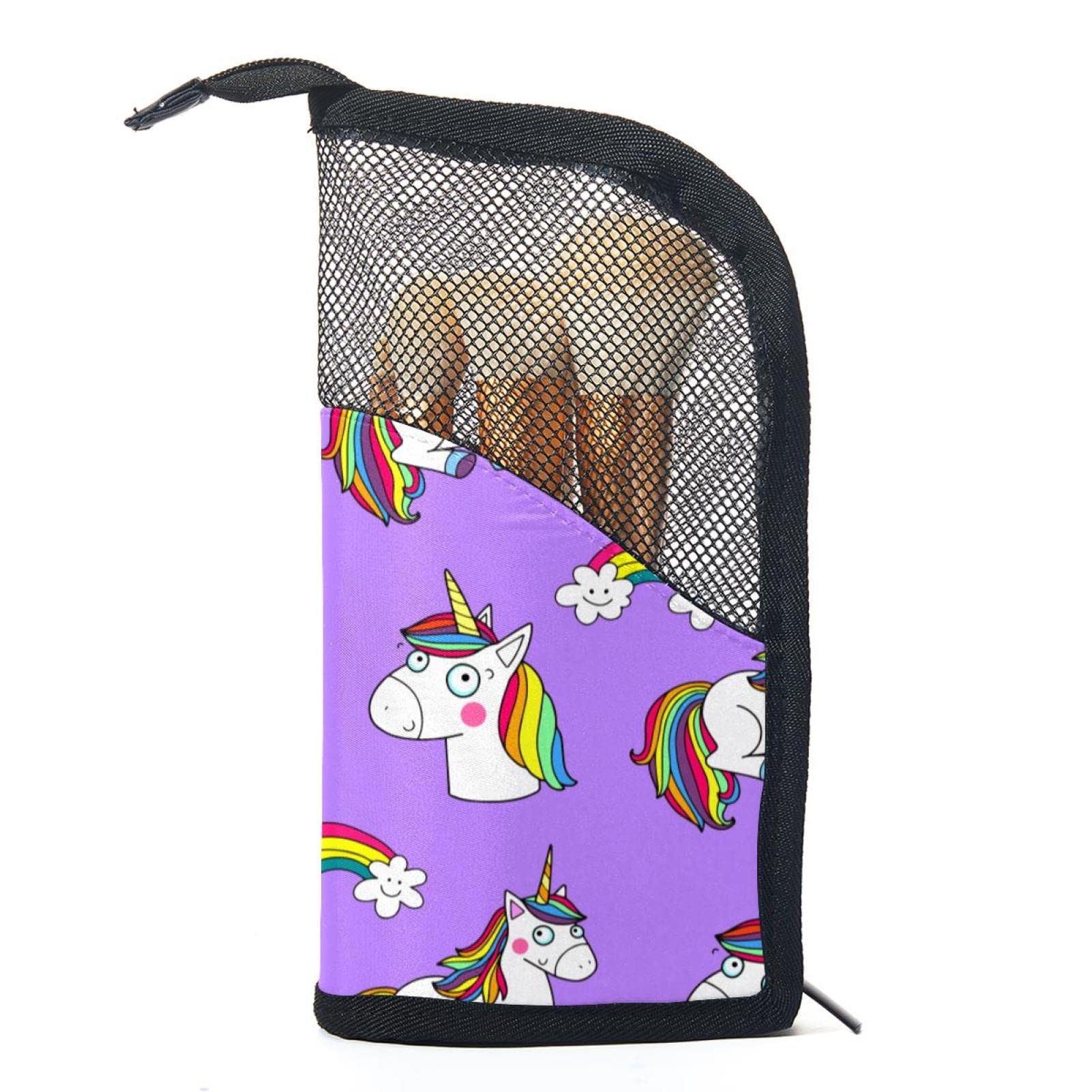 Portable Makeup Brush Organizer Bag with 12 Slots - Cute Unicorn Rainbow Pattern Cosmetic Brush Holder Case for Travel & Home Storage