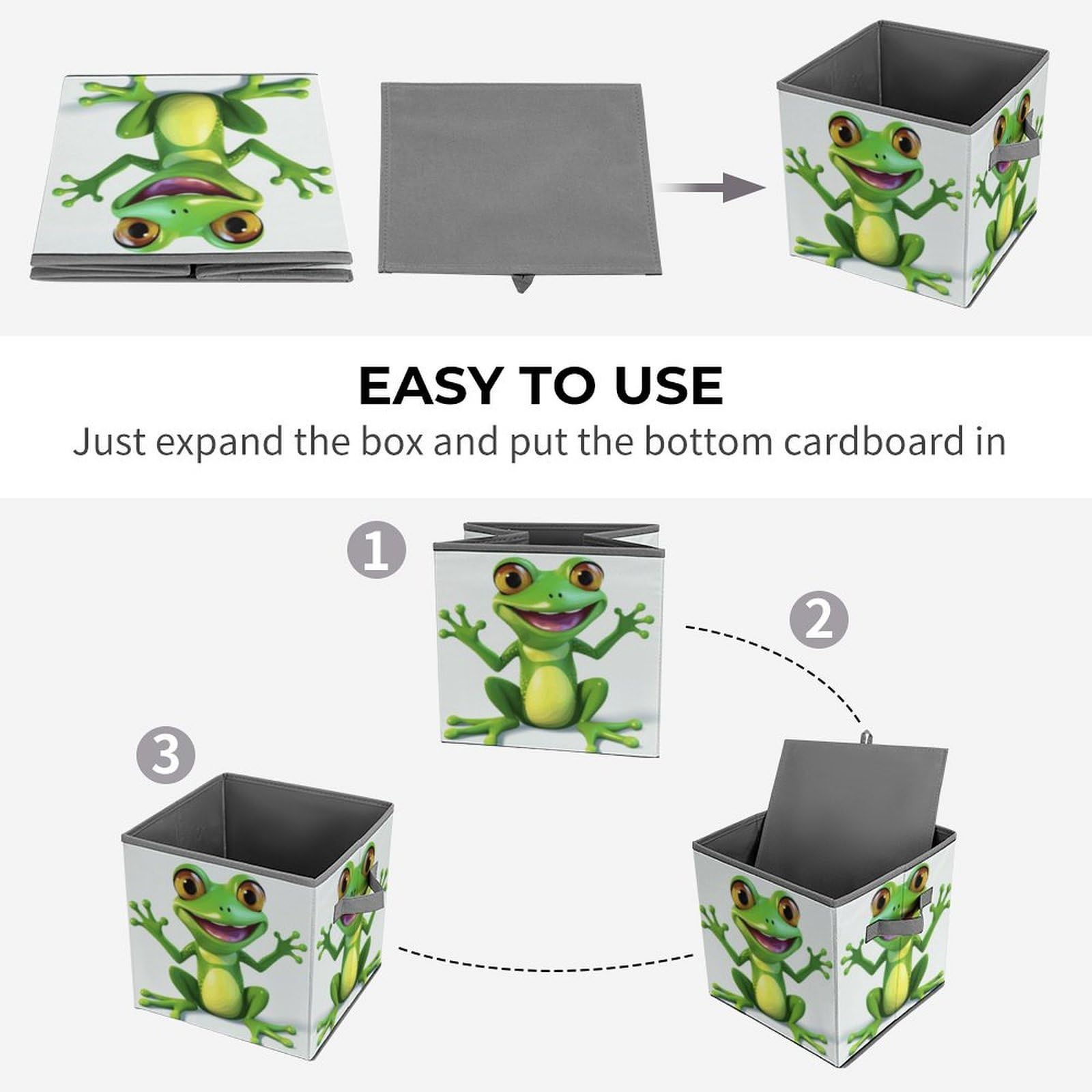 Collapsible Storage Cubes with Handles - 10.6×10.6 Inch Foldable Fabric Bins for Home Organization (Green Frog Print) - Perfect for Kids' Toys, Closet Storage & Nursery Decor