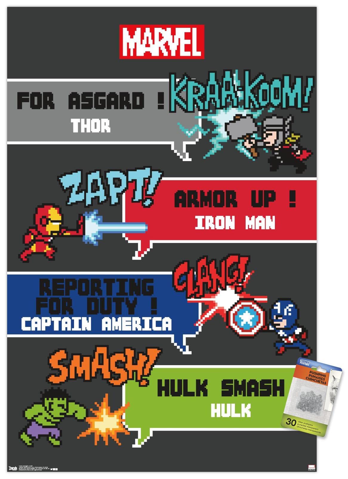 Marvel Avengers 8-Bit Wall Poster with Push Pins - Retro Gaming Decor for Bedroom, Office & Man Cave - Perfect Gift for Superhero Fans