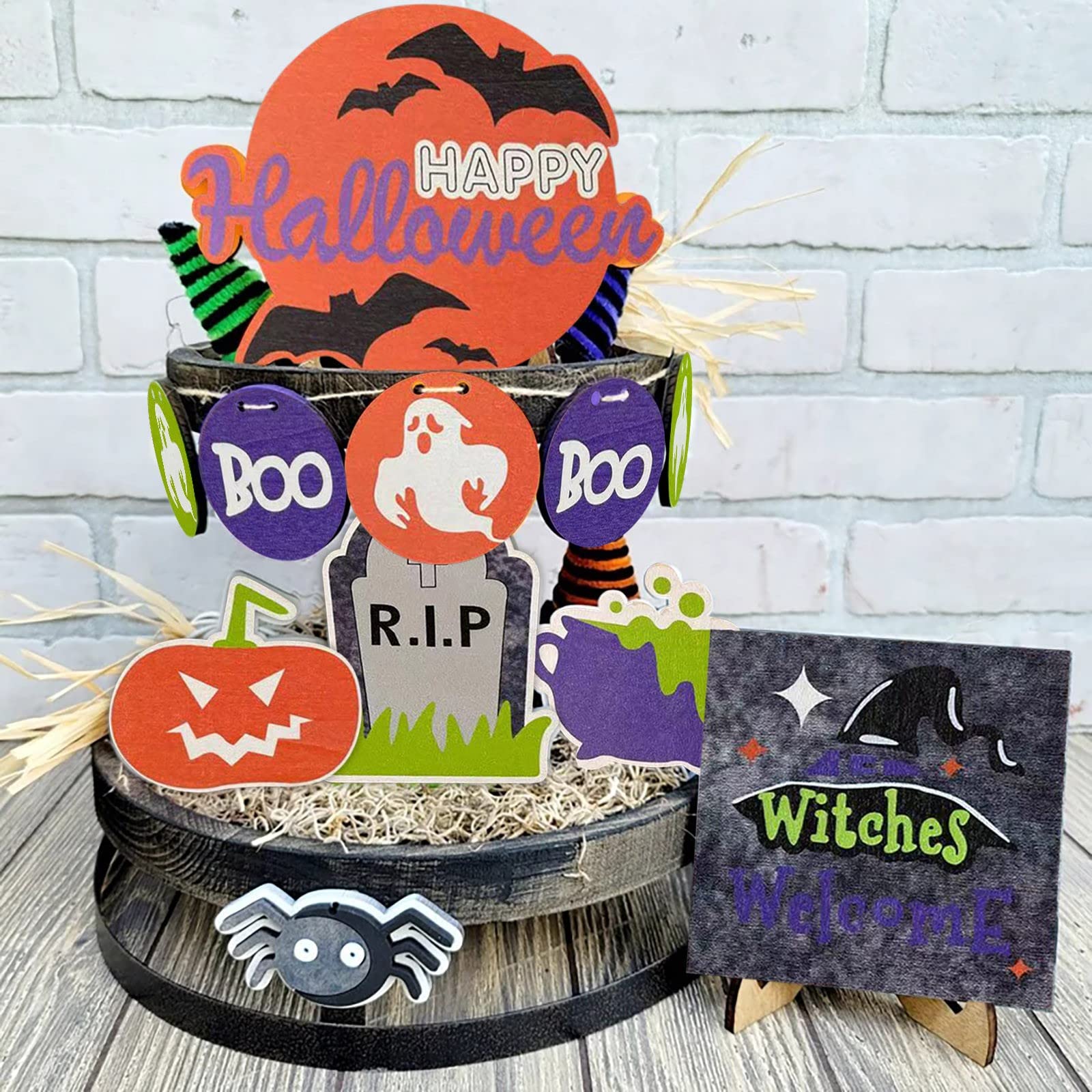 Halloween Layered Tray Decorations - 2 Tier Farmhouse Stand for Kitchen, Fall & Valentine's Day Mini Decor - Multicolor Horror Themed Home Decor for Seasonal Parties & Holiday Table Centerpieces