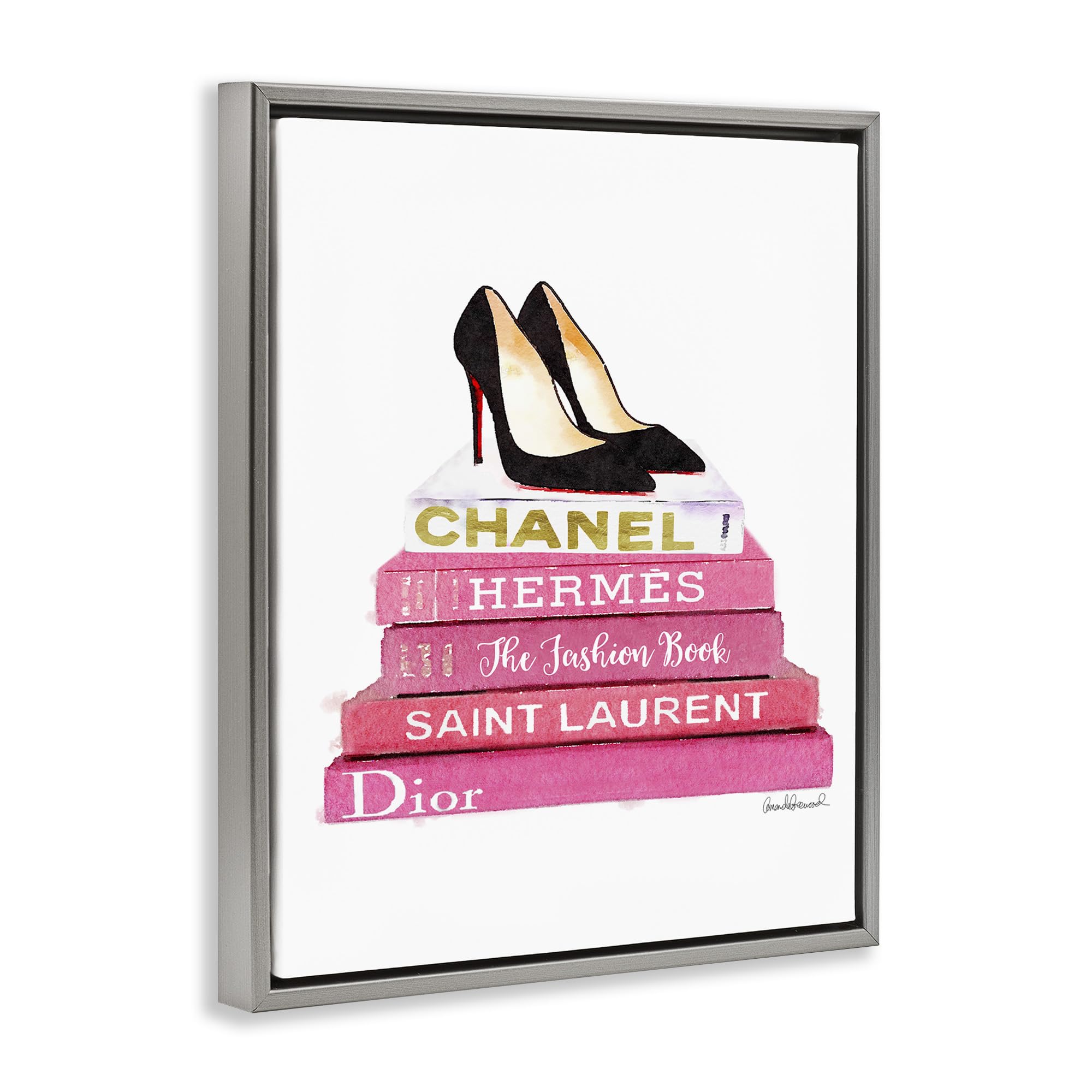 Stupell Industries Glam Pink Fashion Books Black Pump Heels Wall Art - Chic Shoe Illustration by Amanda Greenwood - Perfect for Bedroom, Living Room & Office Decor