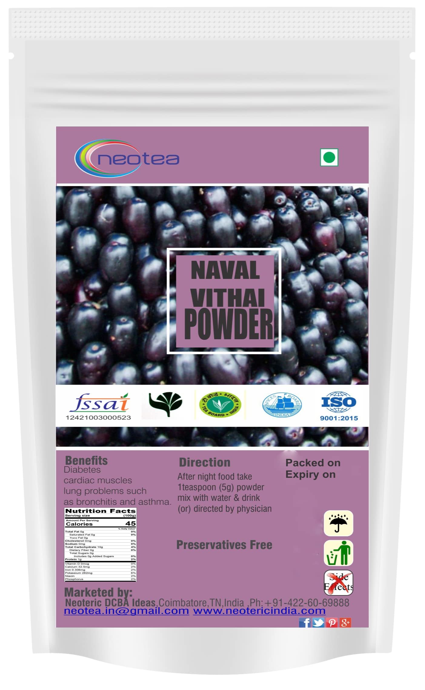 Neotea Naval Vithai Powder (Syzygium Cumini Nut) 300gm - Natural Herbal Supplement for Diabetes & Weight Loss - Perfect for Tea, Smoothies & Ayurvedic Remedies