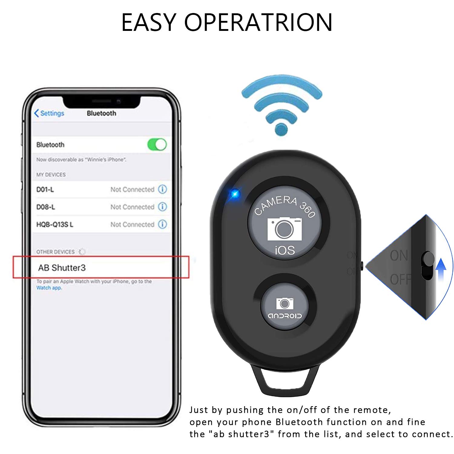 AOQIYUE Wireless Camera Remote Shutter for iPhone & Android Smartphones - Bluetooth Selfie Remote Control with Wrist Strap (Black/Pink) - Perfect for Group Photos, Vlogging, and Hands-Free Photography