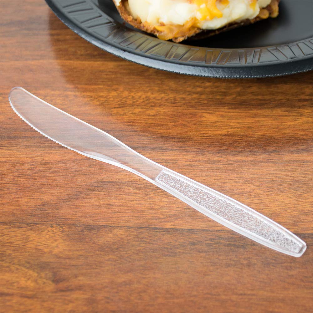 Netko Heavy Duty Plastic Knives - 300 Pack Disposable Clear Plastic Cutlery with Engraved Design for Parties, Picnics & Catering Events | BPA-Free Durable Plastic Knives