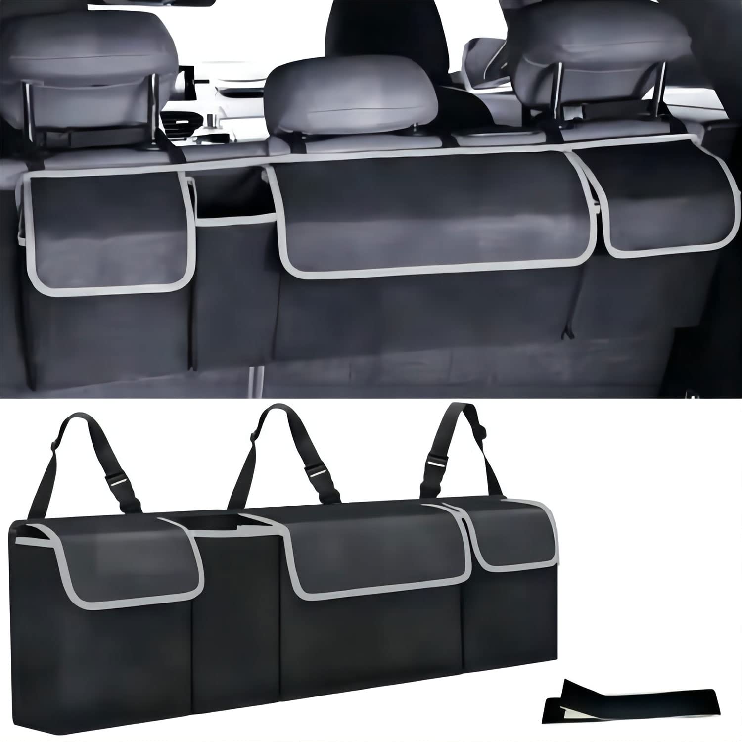 KLEVERISE Car Trunk Organizer for SUV Van - Large Hanging Backseat Storage Organizer with 3 Straps - Grocery & Travel Organizer (Black) - Perfect for Road Trips, Shopping & Daily Commute