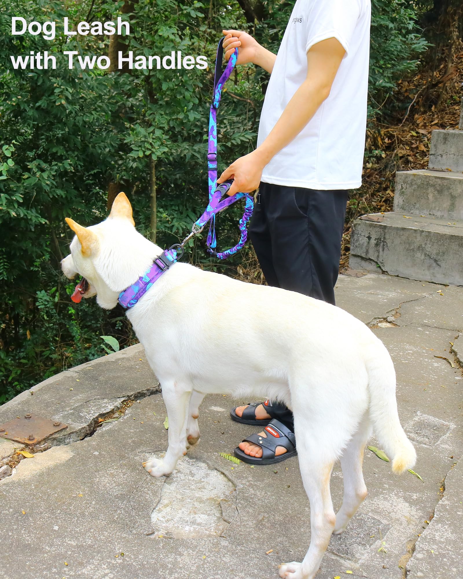 **Hotsky Heavy Duty Tactical Dog Leash for Medium & Large Dogs - 4-6Ft Bungee Shock Absorbing No-Pull Leash with Padded Double Handle & Car Seatbelt - Purple Camo - Perfect for Walking, Running & Travel**