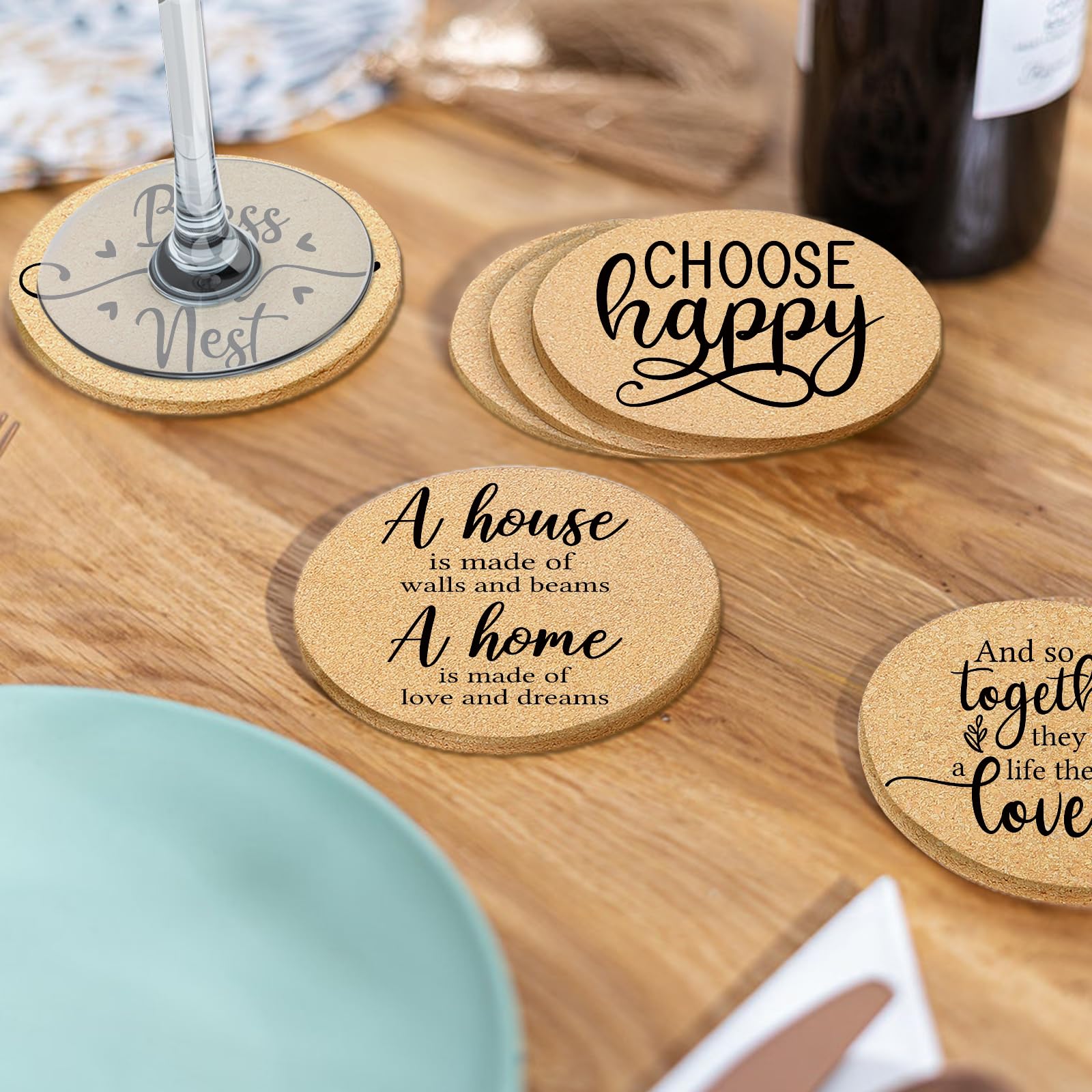 6-Pack Absorbent Cork Drink Coasters with Holder - Cute Round 4